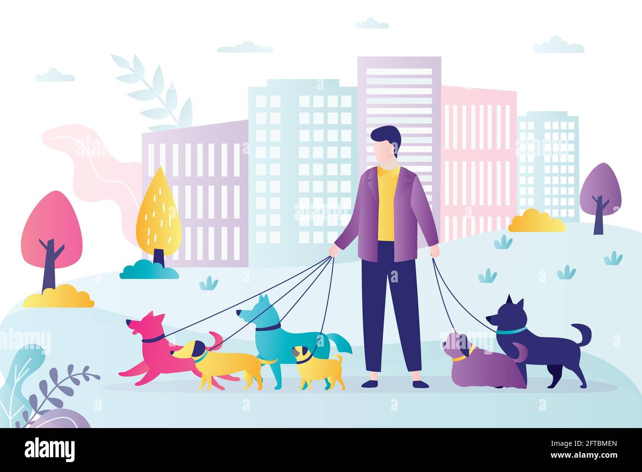 Les personnages masculins se promène avec les animaux dans le parc. Concept de service de marche pour chiens, de bénévolat et de soins pour animaux de compagnie. Secoueur de chien actif avec laisse. Page d'accueil ou websi Illustration de Vecteur