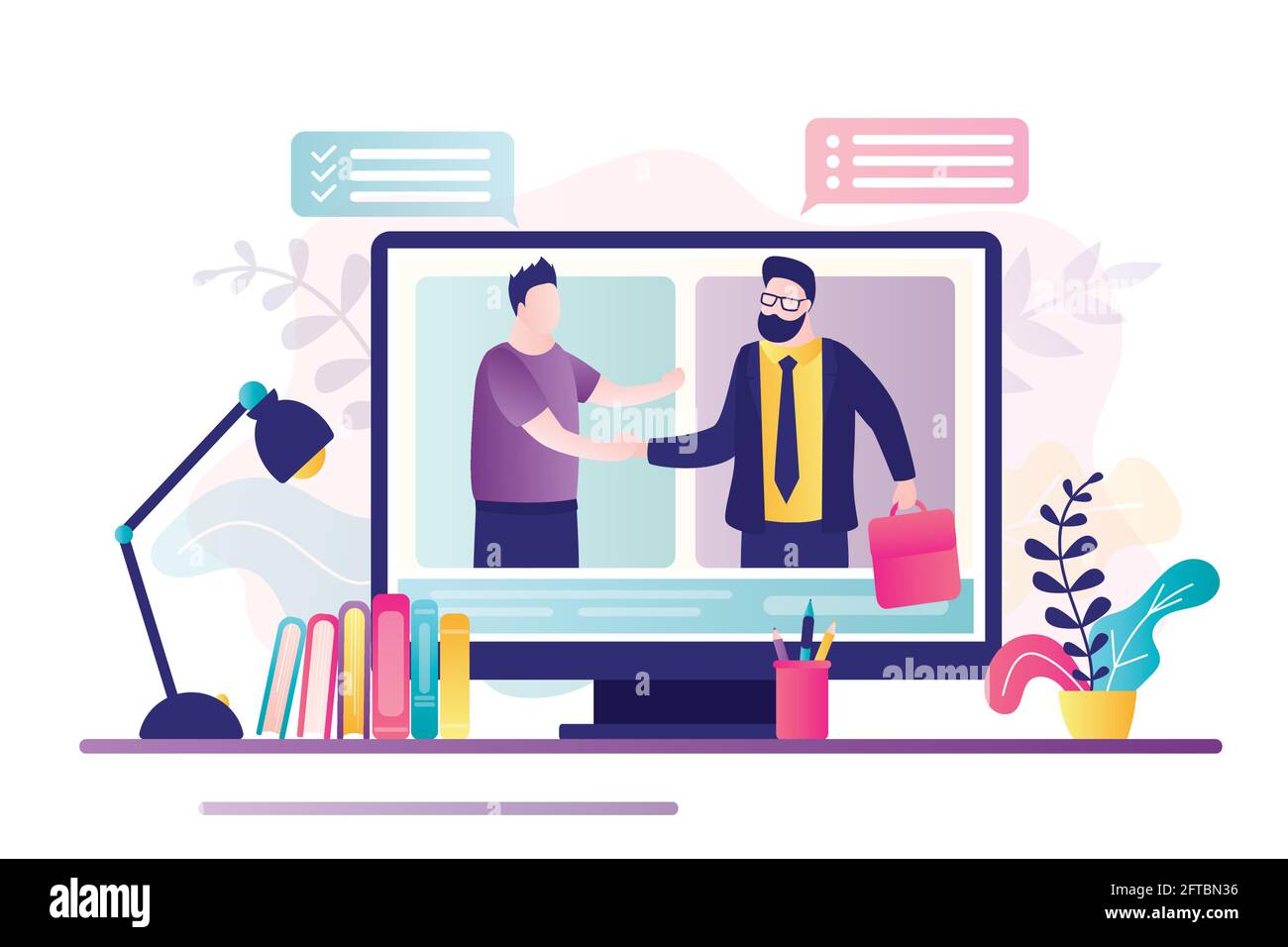 Avec des négociations fructueuses, les hommes d'affaires se bousculer sur l'écran. Négociations à distance sur Internet. Communication commerciale en ligne, bonne affaire Illustration de Vecteur