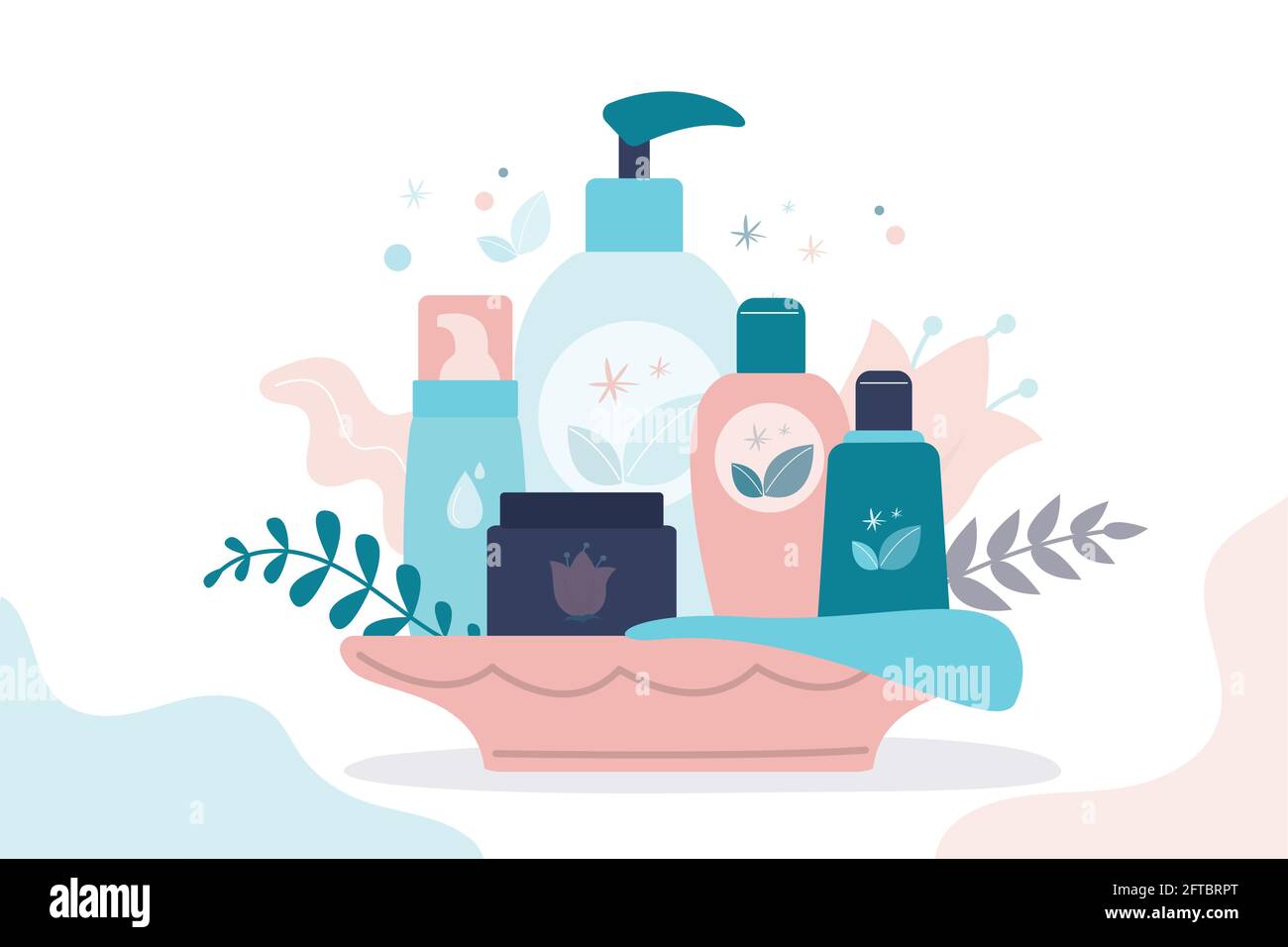 Coffret cadeau de cosmétiques biologiques pour femmes. Différents flacons,  tubes et bocaux pour le soin de la peau. Cosmétiques pour femmes : gels,  lotions et crèmes pour les soins du corps. Conce