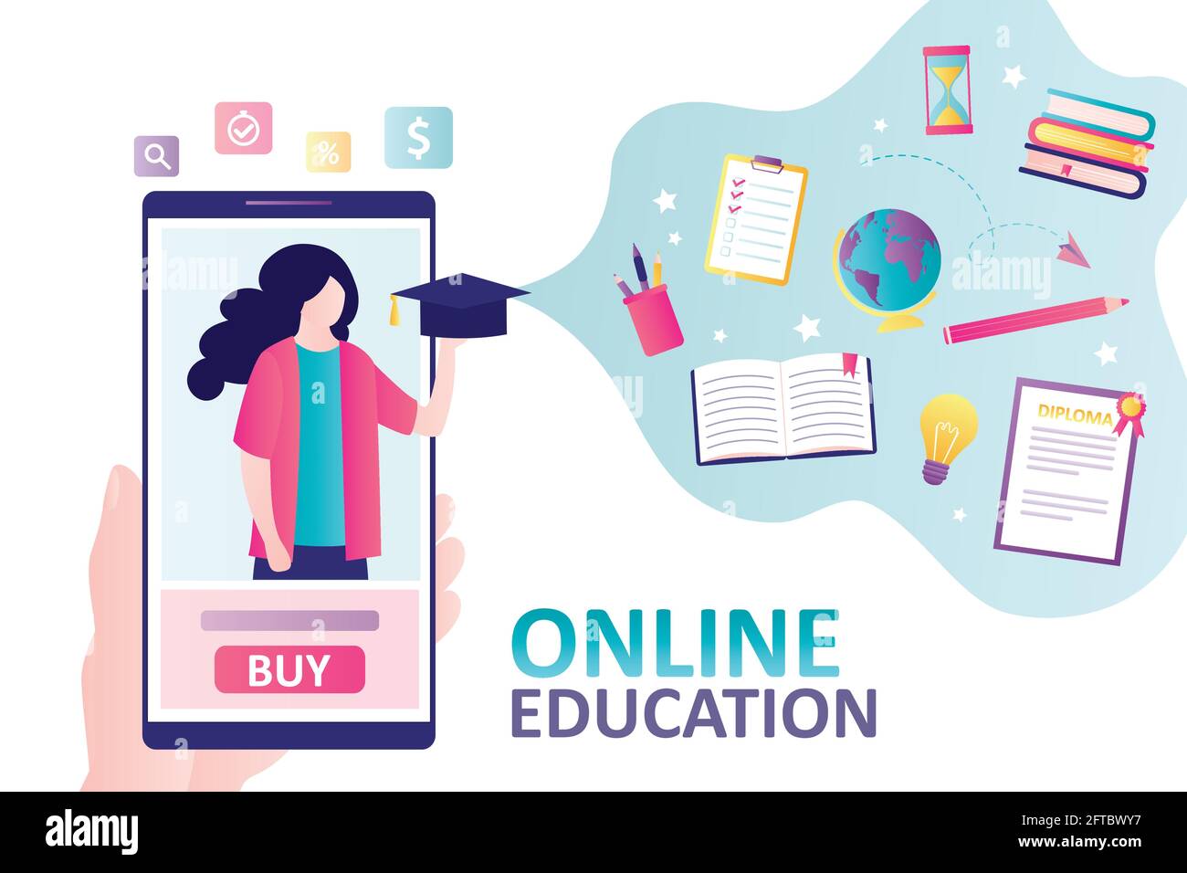 Enseignante avec chapeau de remise des diplômes sur l'écran du téléphone portable. Concept de formation en ligne, achat de cours et e-learning. Idée d'apprentissage et de connaissance. Illustration de Vecteur