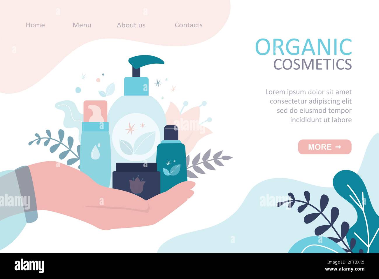 La main contient différents produits naturels. Différents flacons, tubes et bocaux avec étiquette. Concept de cosmétiques biologiques, de soins de la peau et de produits végétaliens. Palier p Illustration de Vecteur