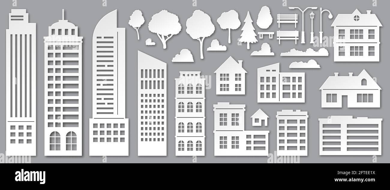 Bâtiments urbains en papier. Gratte-ciels d'origami, maisons de ville, chalets de village et silhouettes d'arbres de parc. Ensemble vectoriel d'éléments de paysage urbain Illustration de Vecteur