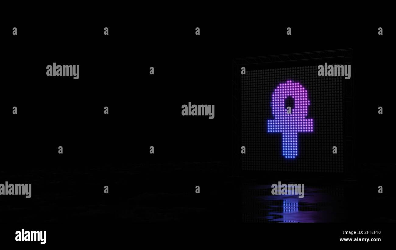 paroi lumineuse de rendu 3d avec des points bleus violets en forme de symbole d'ankh sur fond noir avec reflet sur sol mouillé Banque D'Images