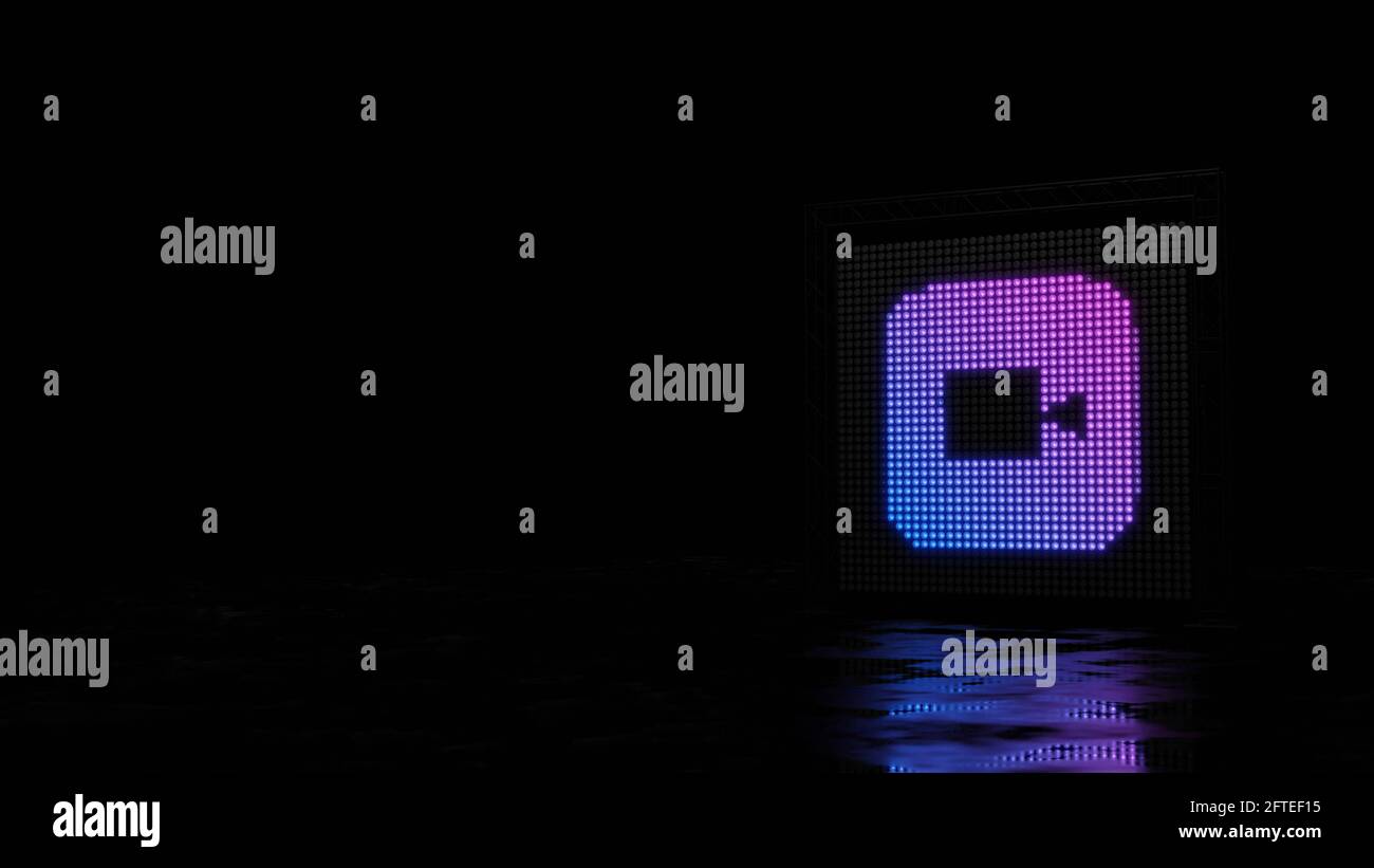 paroi lumineuse de rendu 3d avec des points bleus violets en forme de Icône de l'application appareil photo de style iOS sur fond noir avec réflexion sur sol mouillé Banque D'Images