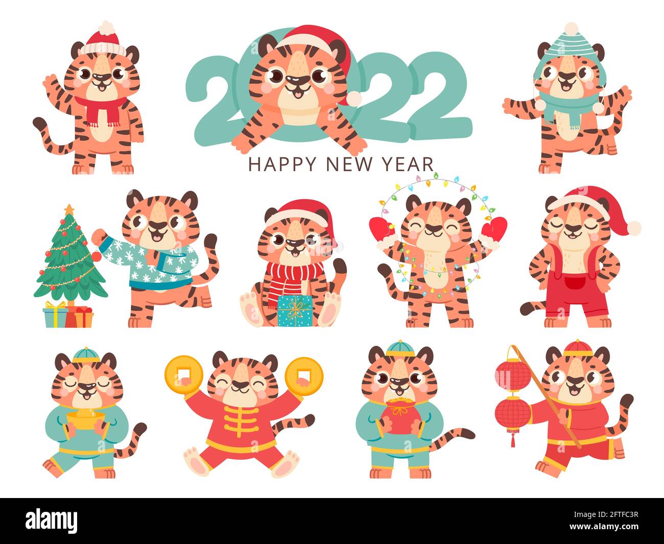 Mignon Tigre 22 Le Symbole Chinois De La Bonne Annee Se Presente En Costume Traditionnel Dore Joyeux Noel Bebe Animal Dans Santa Hat Ensemble Vectoriel Image Vectorielle Stock Alamy