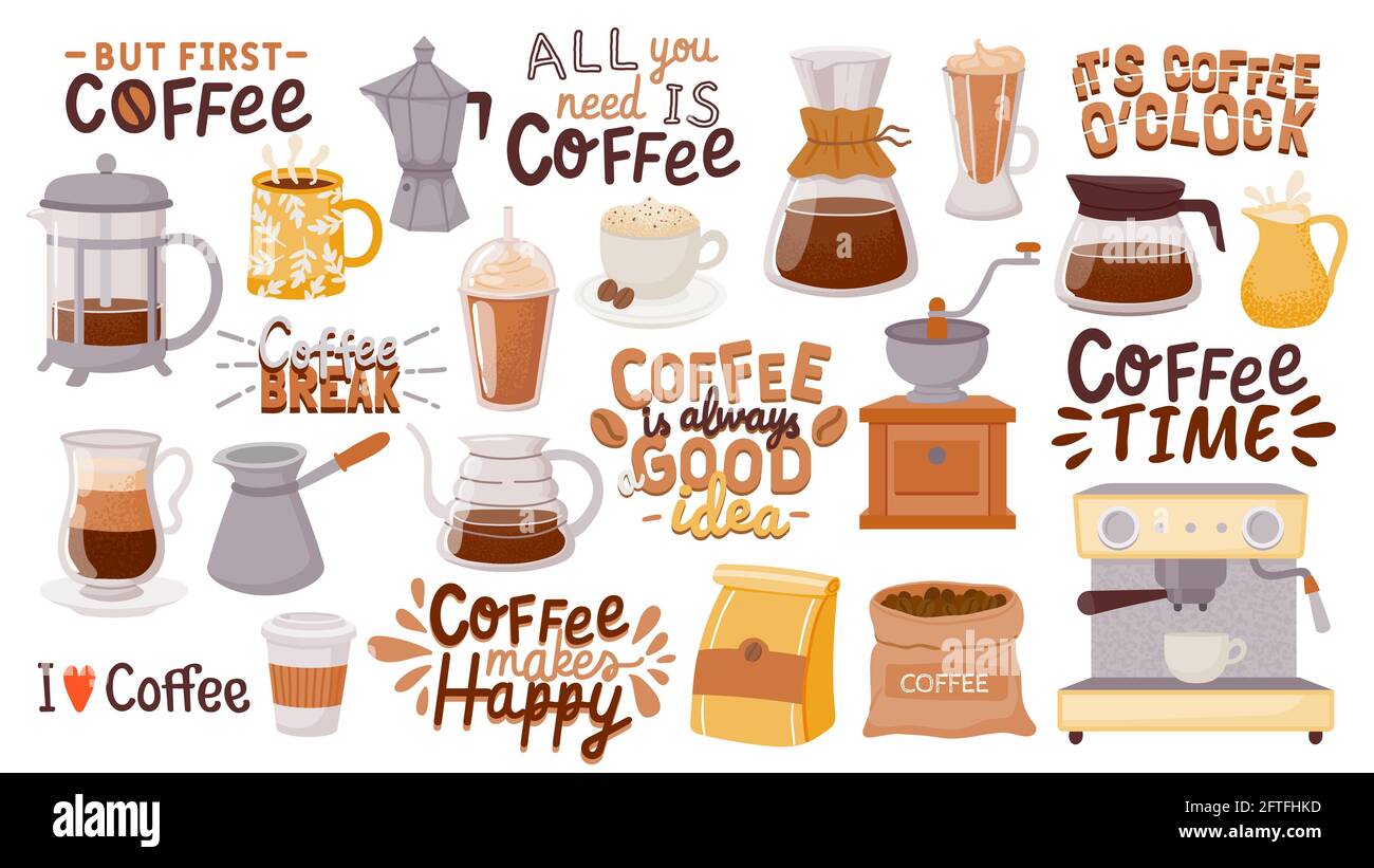 Citations et tasses de café. Petit déjeuner buffet de boissons chaudes pour les affiches de cafés. Mais le premier café. Ensemble de tasses à cappuccino, espresso et latte vectorisées Illustration de Vecteur