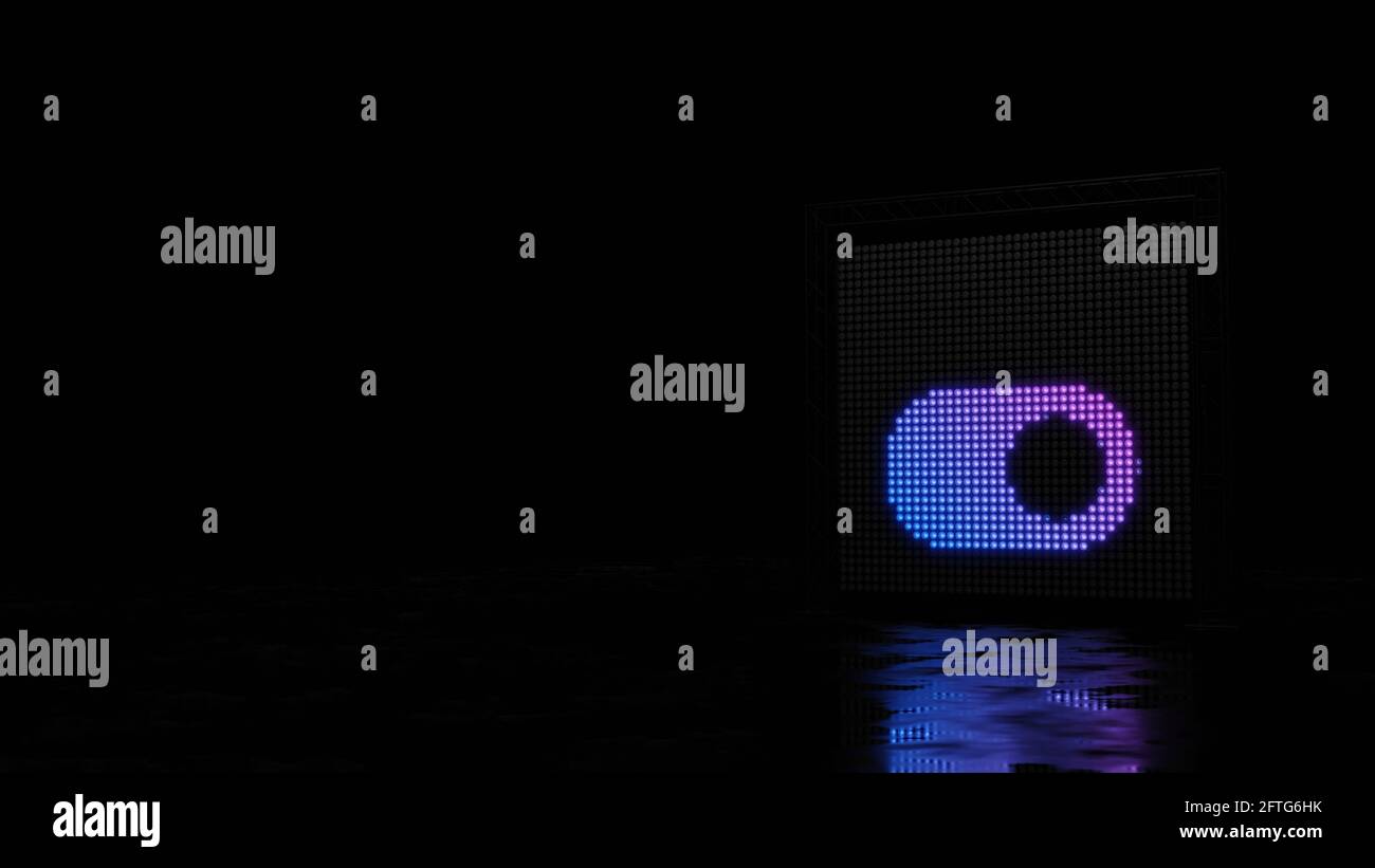 paroi lumineuse de rendu 3d avec des points bleus violets en forme de symbole du bouton de l'interrupteur sur fond noir avec humidité réflexion du sol Banque D'Images
