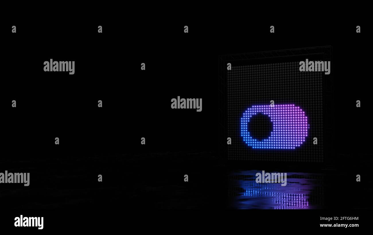 paroi lumineuse de rendu 3d avec des points bleus violets en forme de symbole du bouton de l'interrupteur avec une coche sur fond noir avec réflexion sur sol mouillé Banque D'Images