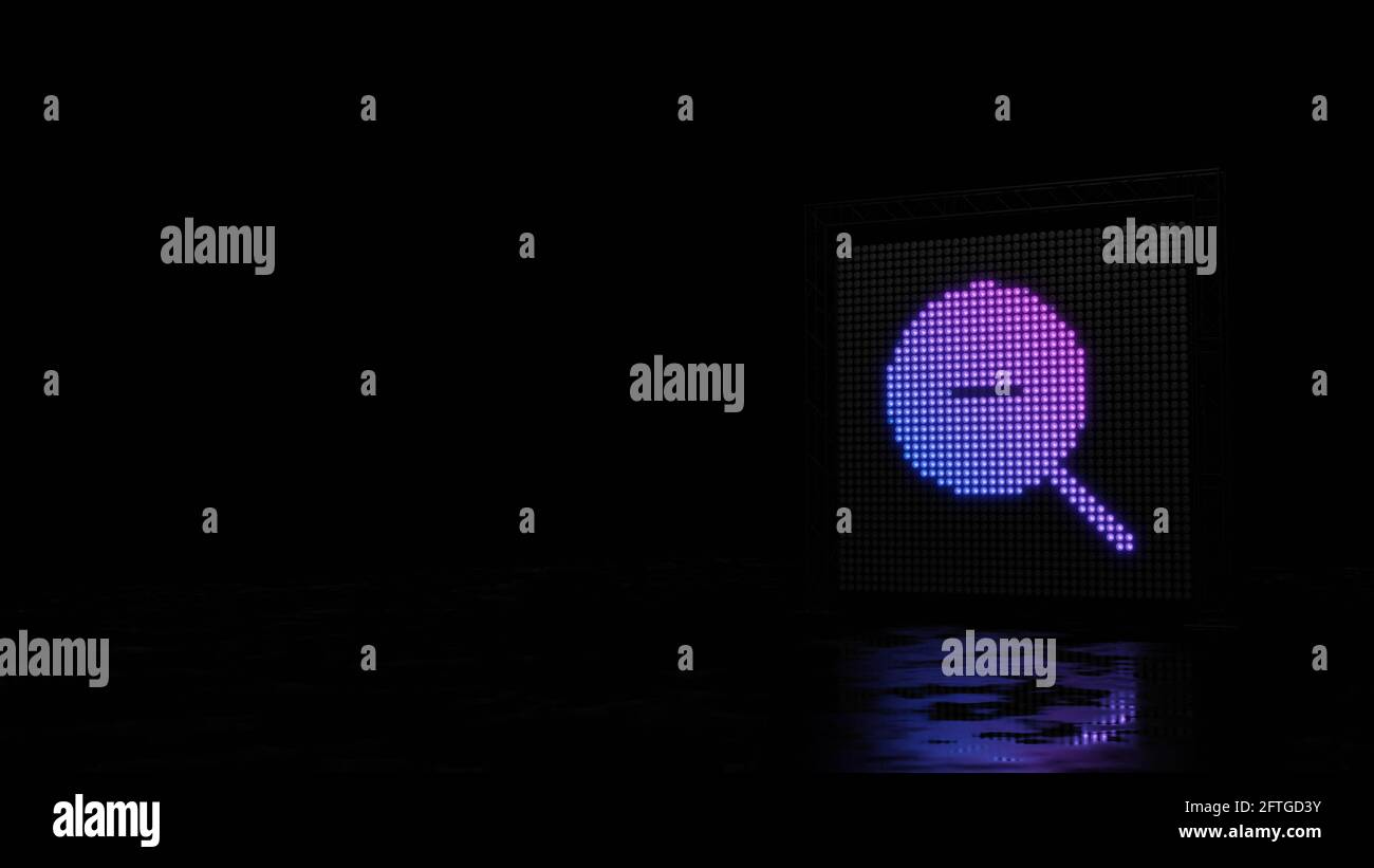 paroi lumineuse de rendu 3d avec des points bleus violets en forme de symbole de loupe zoom arrière avec poignée fine sur noir arrière-plan avec réflexion de sol humide Banque D'Images