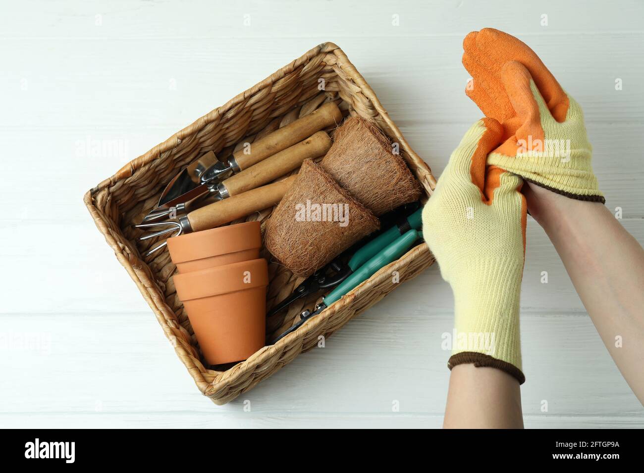 Mains dans des gants et panier avec outils de jardinage, vue du dessus Banque D'Images