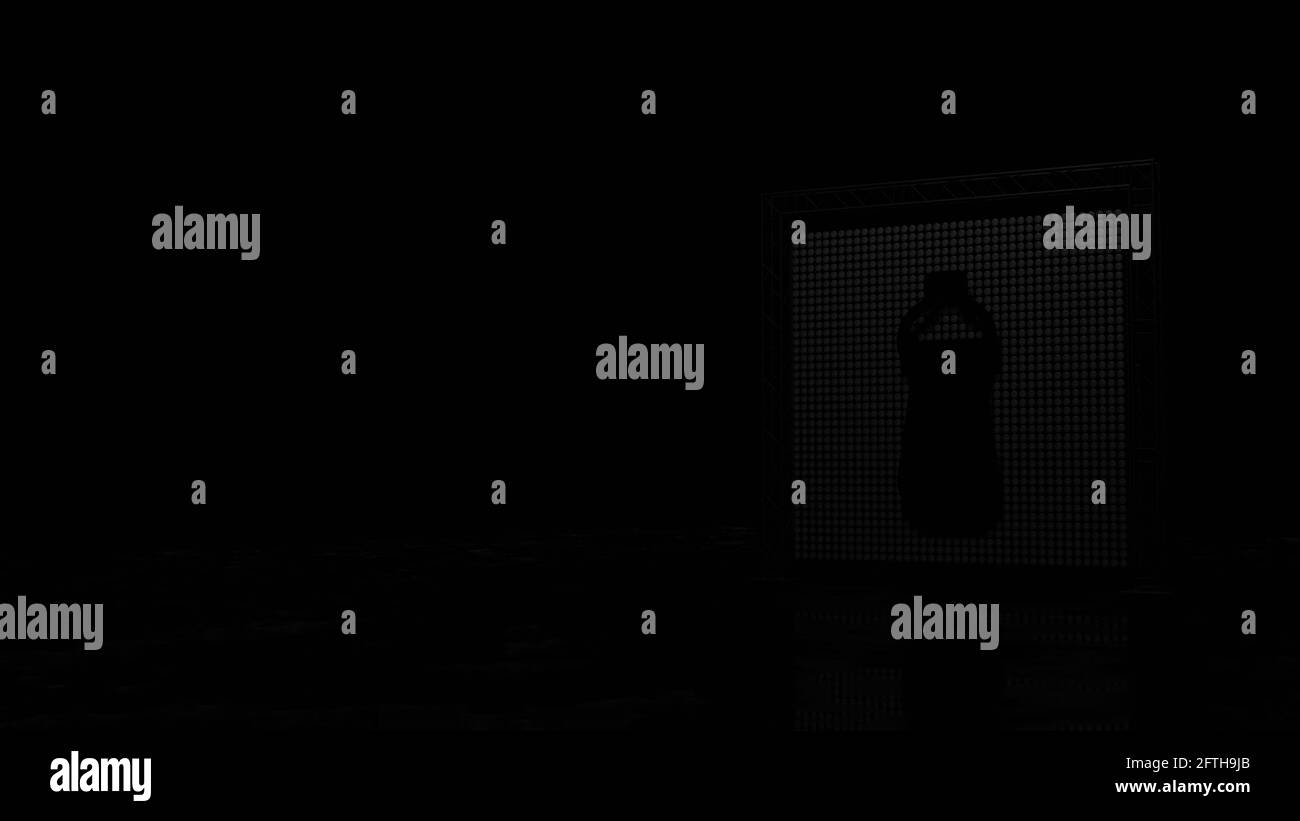 paroi lumineuse de rendu 3d avec des points bleus violets en forme de symbole de bouteille d'eau sur fond noir avec sol mouillé réflexion Banque D'Images