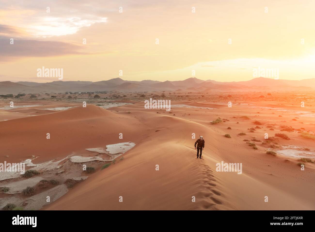 Un seul homme sur une dune élevée dans le désert du Namib Banque D'Images