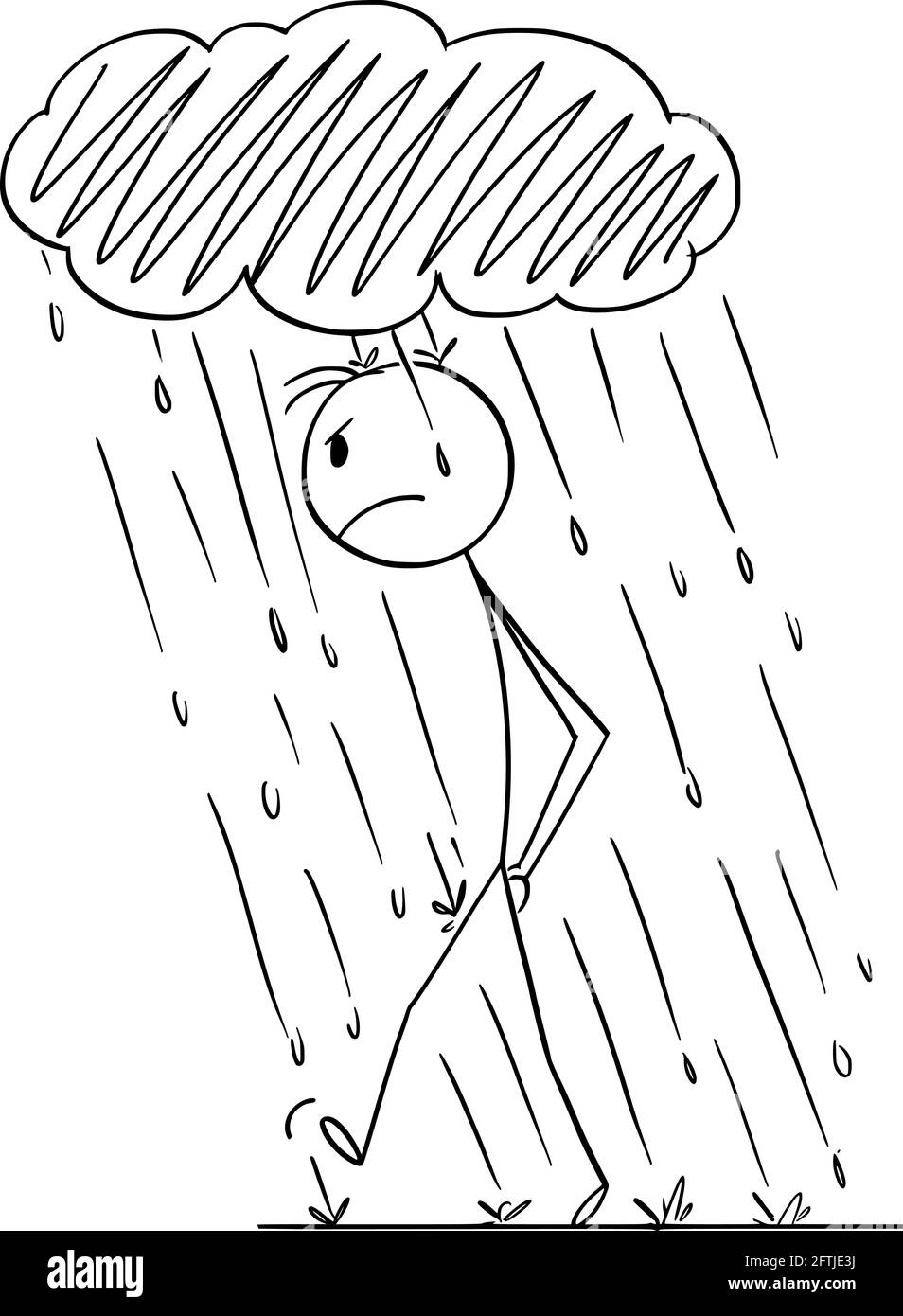 Personne frustrée en colère marchant dans une pluie personnelle avec un petit nuage de tempête au-dessus de la tête , Illustration de la figure de bâton de dessin vectoriel Illustration de Vecteur