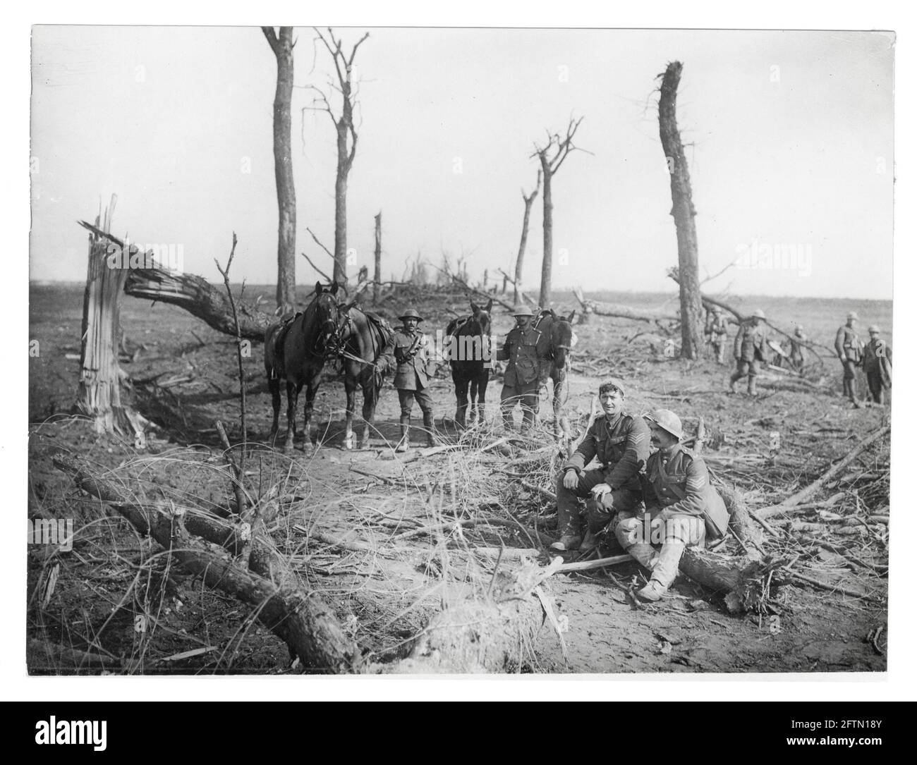 Première Guerre mondiale, première Guerre mondiale, front occidental - les hommes parmi l'épave de l'arbre sur la route Amiens-St Quentin, France Banque D'Images
