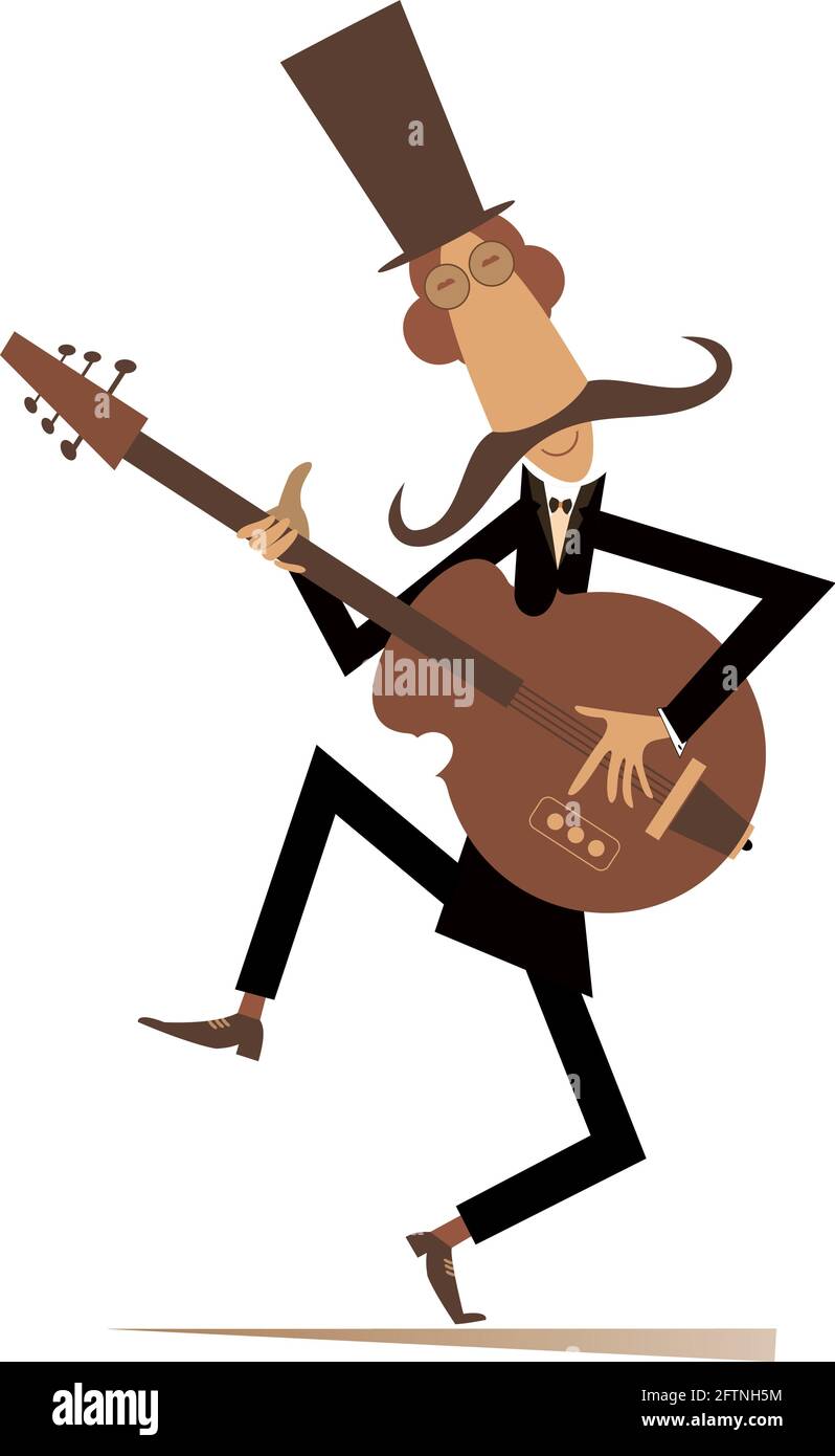 Le guitariste de long moustache de cartoon joue de l'illustration musicale.  Moustache homme dans le chapeau haut jouant de la guitare isolé sur blanc  Image Vectorielle Stock - Alamy