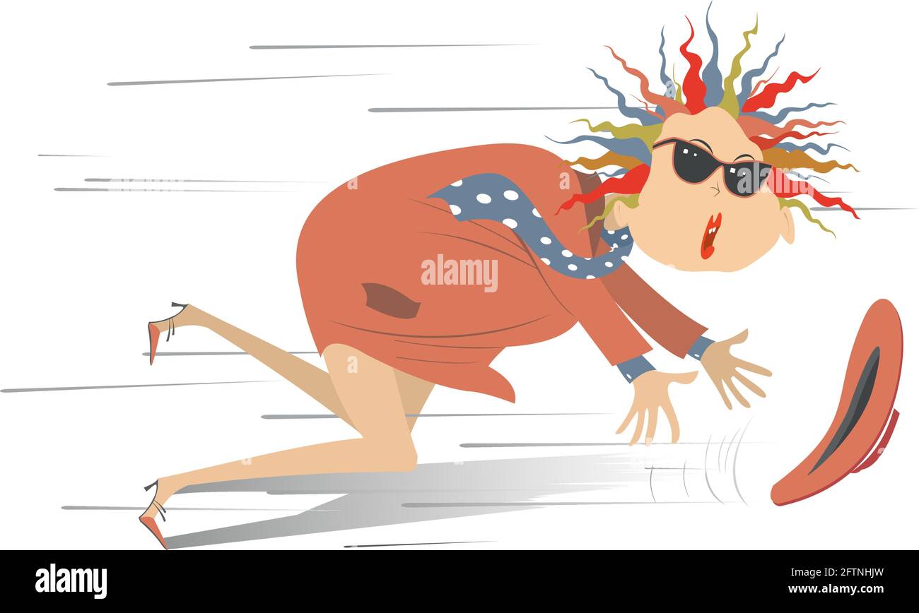 Jeune femme élégante et illustration du vent fort. Belle jeune femme en lunettes de soleil essaie de prendre un chapeau parti avec le vent isolé sur blanc Illustration de Vecteur