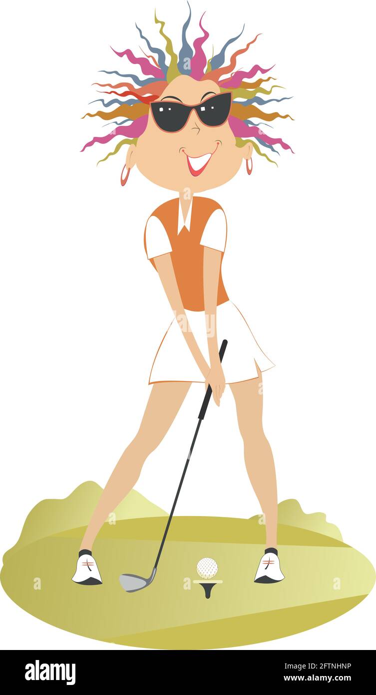 Cartoon golfeur femme en lunettes de soleil visant à faire un bon coup de pied de la base isolée sur blanc Illustration de Vecteur