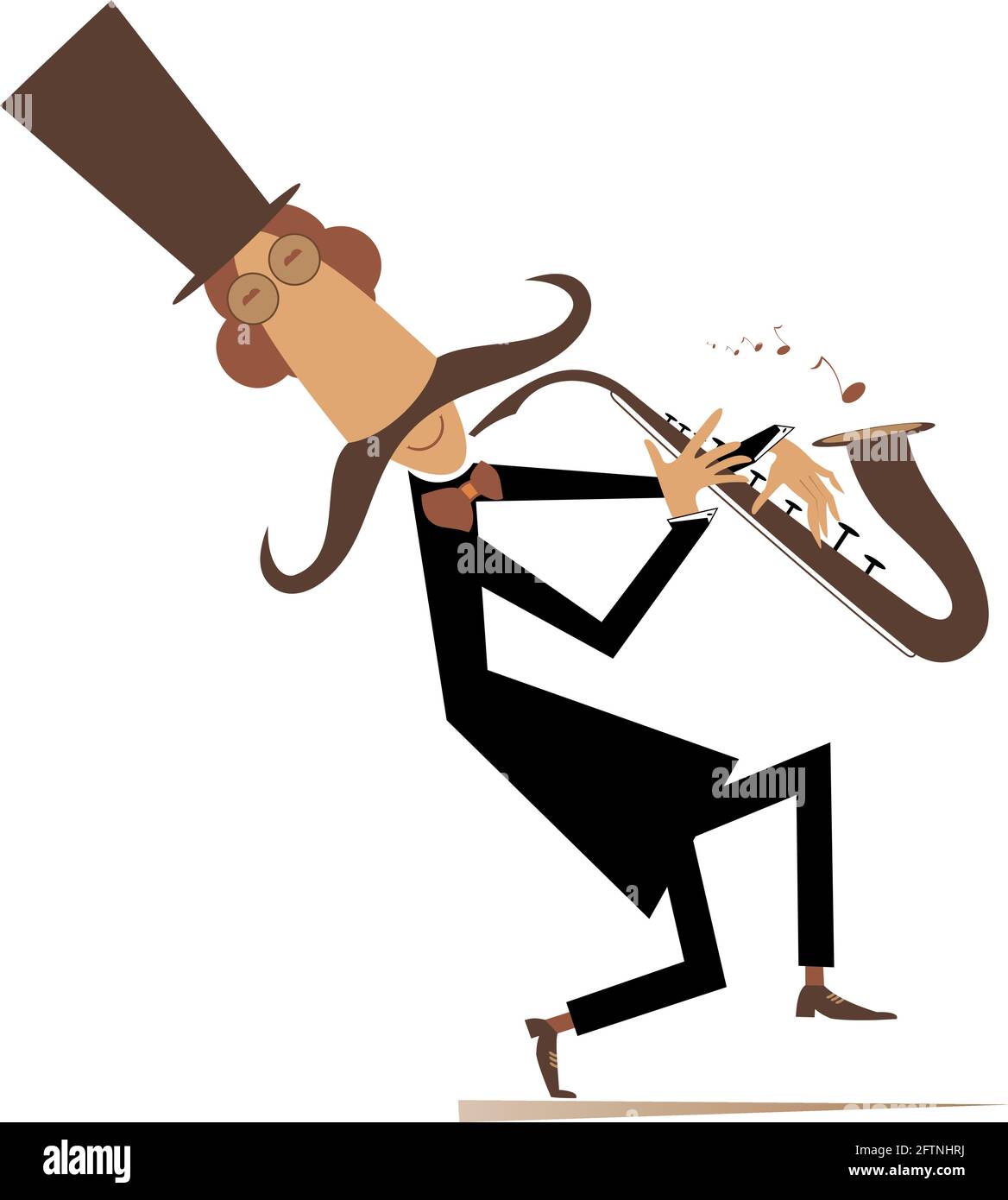 Illustration saxophoniste de longue moustache à dessin animé. Moustache souriante dans le chapeau haut joue de la musique sur saxophone avec l'inspiration isolée sur blanc Illustration de Vecteur