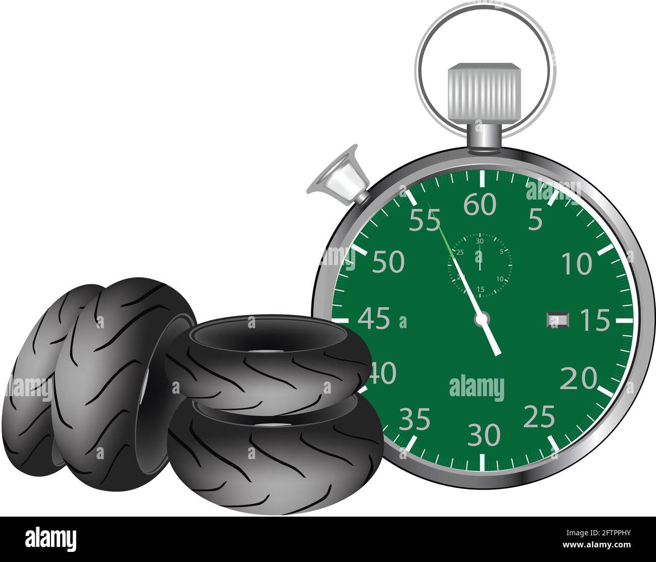 Illustration d'un chronomètre vert et de pneus de course de crfonometer un arrière-plan blanc Banque D'Images