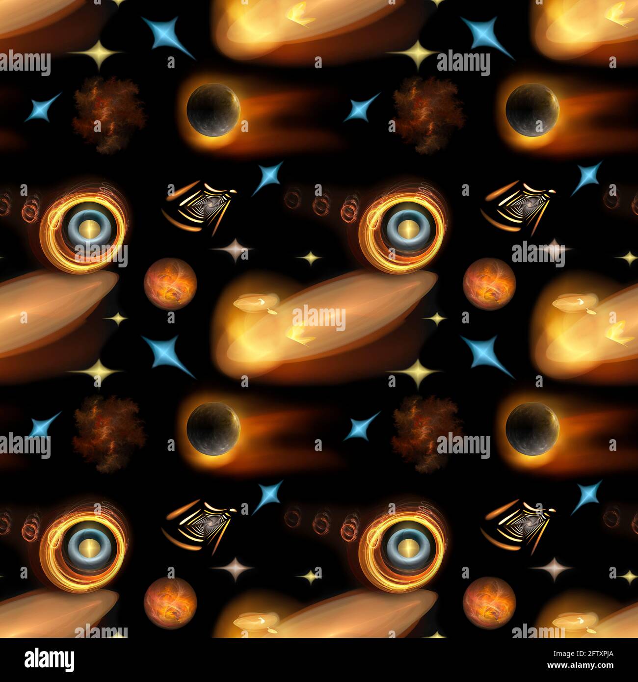 Arrière-plan de nuit fractal et sans couture avec planètes et nébuleuses 3D. Abstrait divers espace Banque D'Images