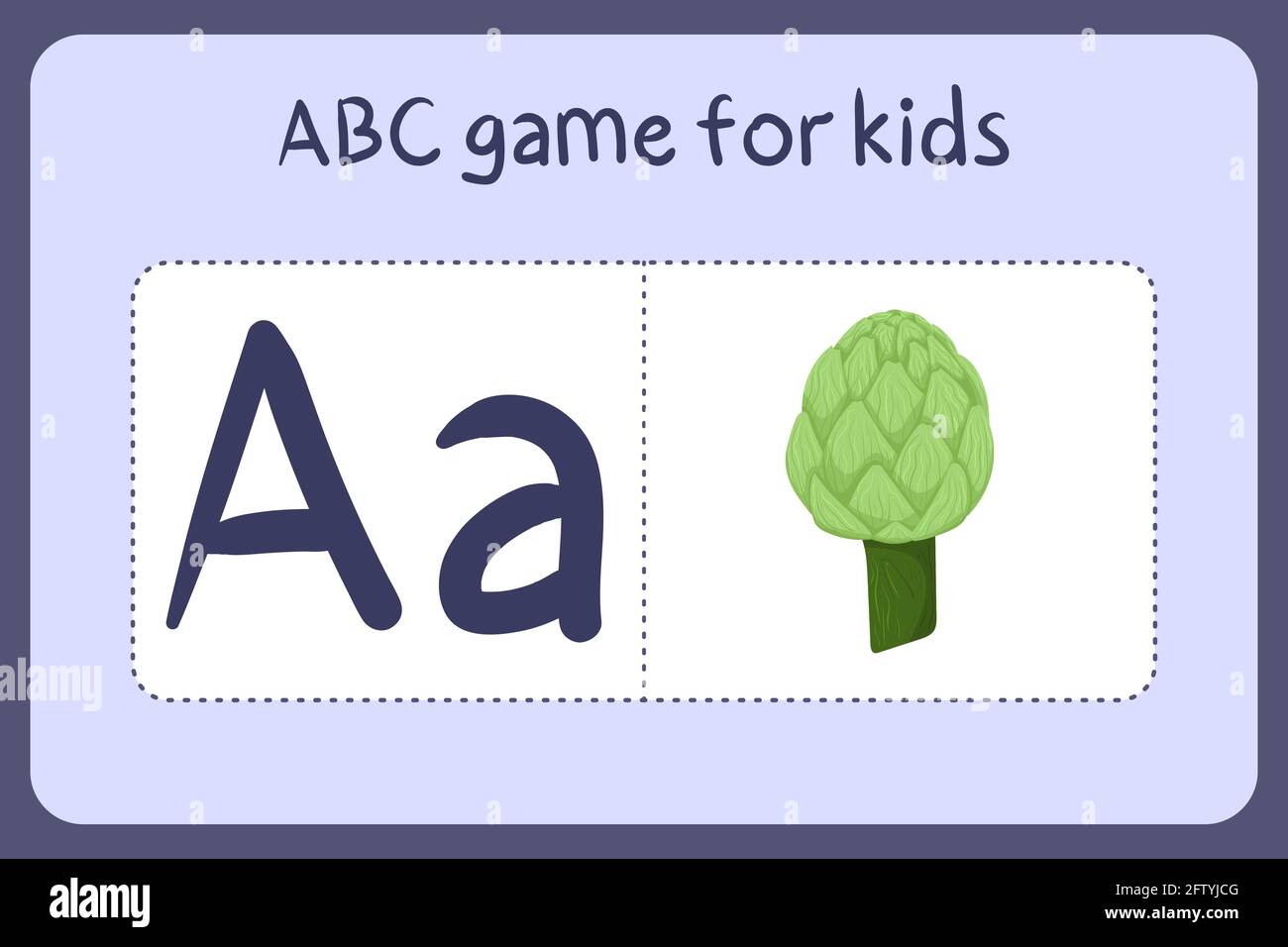Mini-jeux d'alphabet pour enfants de style dessin animé avec lettre A - artichaut. Illustration vectorielle pour la conception de jeux - couper et jouer. Apprenez l'abc avec des cartes flash de fruits et légumes. Illustration de Vecteur