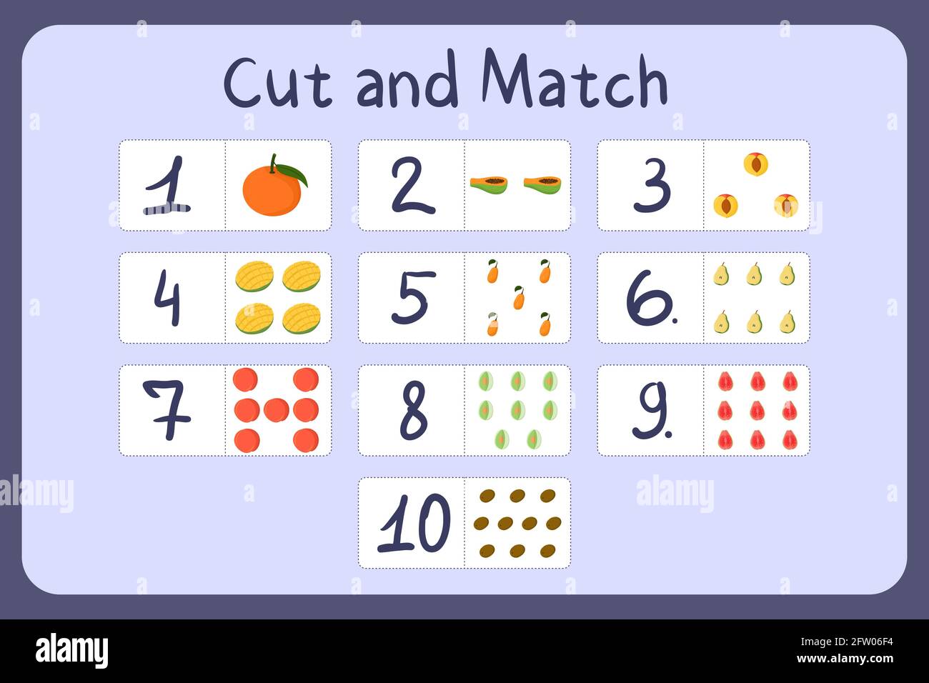Cartes flash avec numéros pour enfants, ensemble 2. Coupez et associez des photos avec des chiffres et des fruits. Illustration pour la conception de jeux mathématiques éducatifs. Feuille de travail imprimable. Modèle de vecteur de dessin animé. Illustration de Vecteur