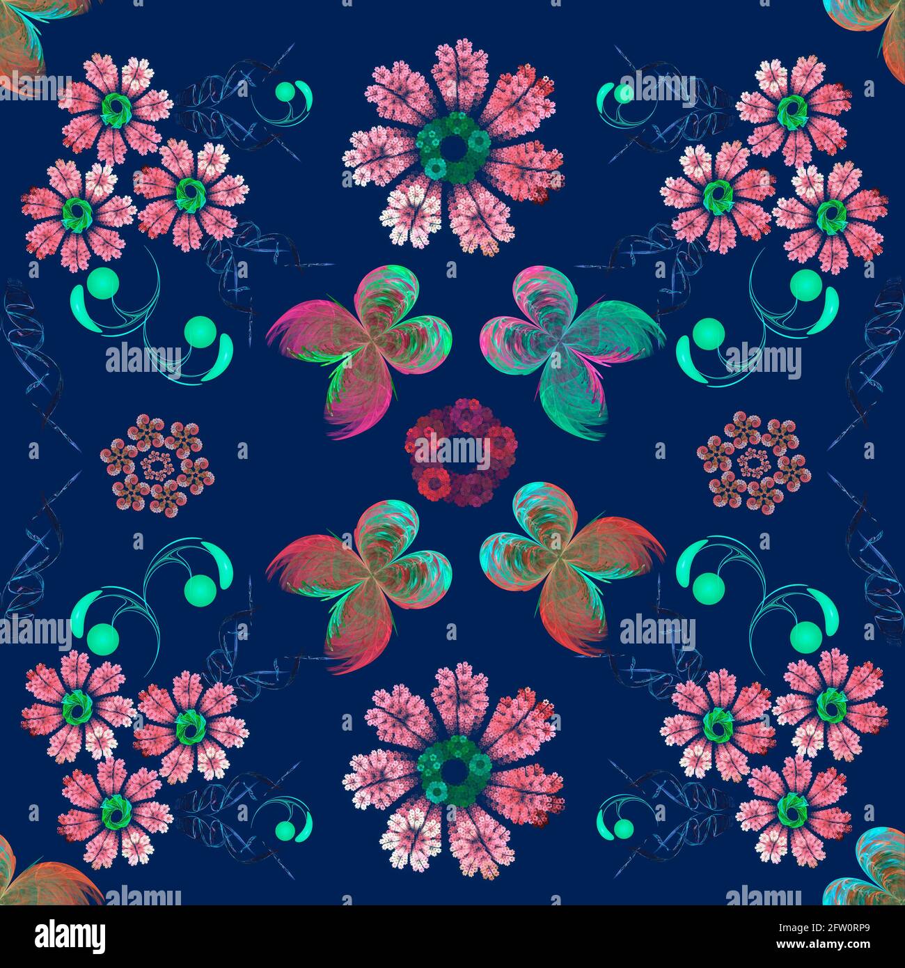 Structure fractale sans couture des papillons abstraits et des fleurs sur un arrière-plan bleu Banque D'Images