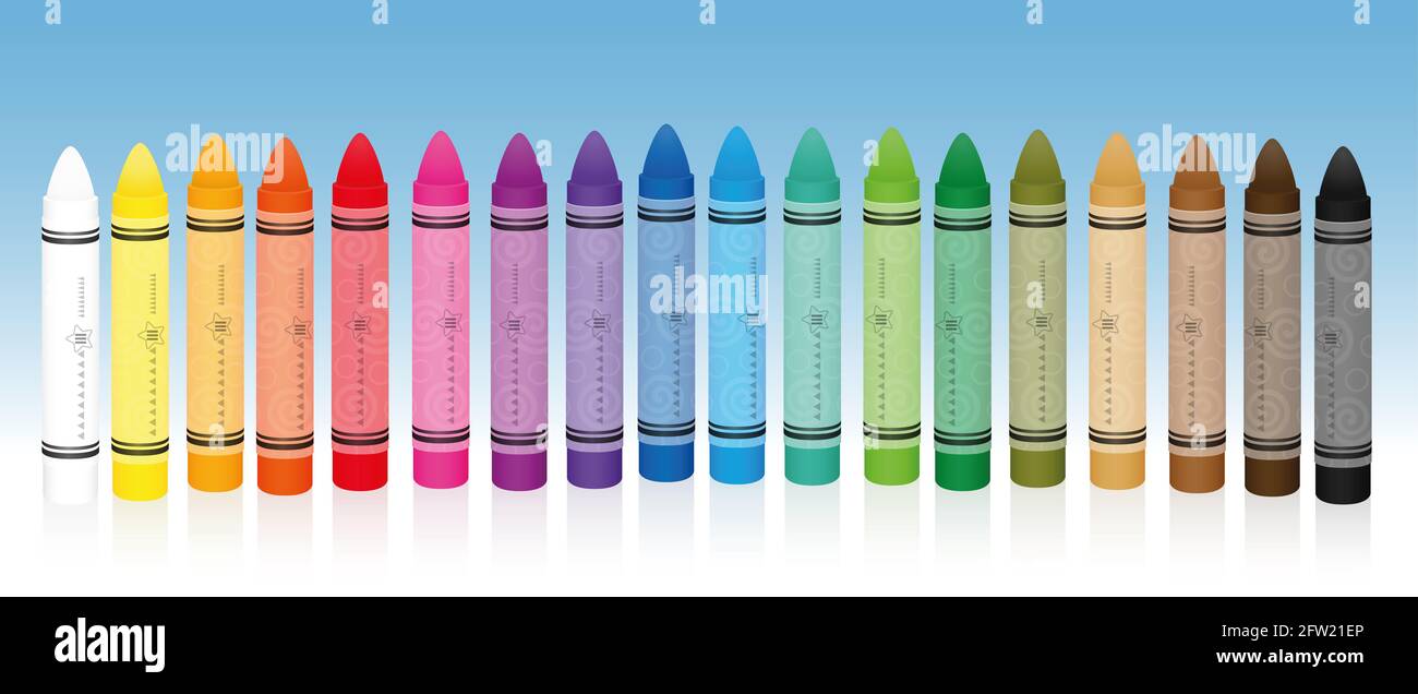 Crayons de cire pastel ou pastels à l'huile, ensemble de couleurs arc-en-ciel - illustration sur fond blanc. Banque D'Images