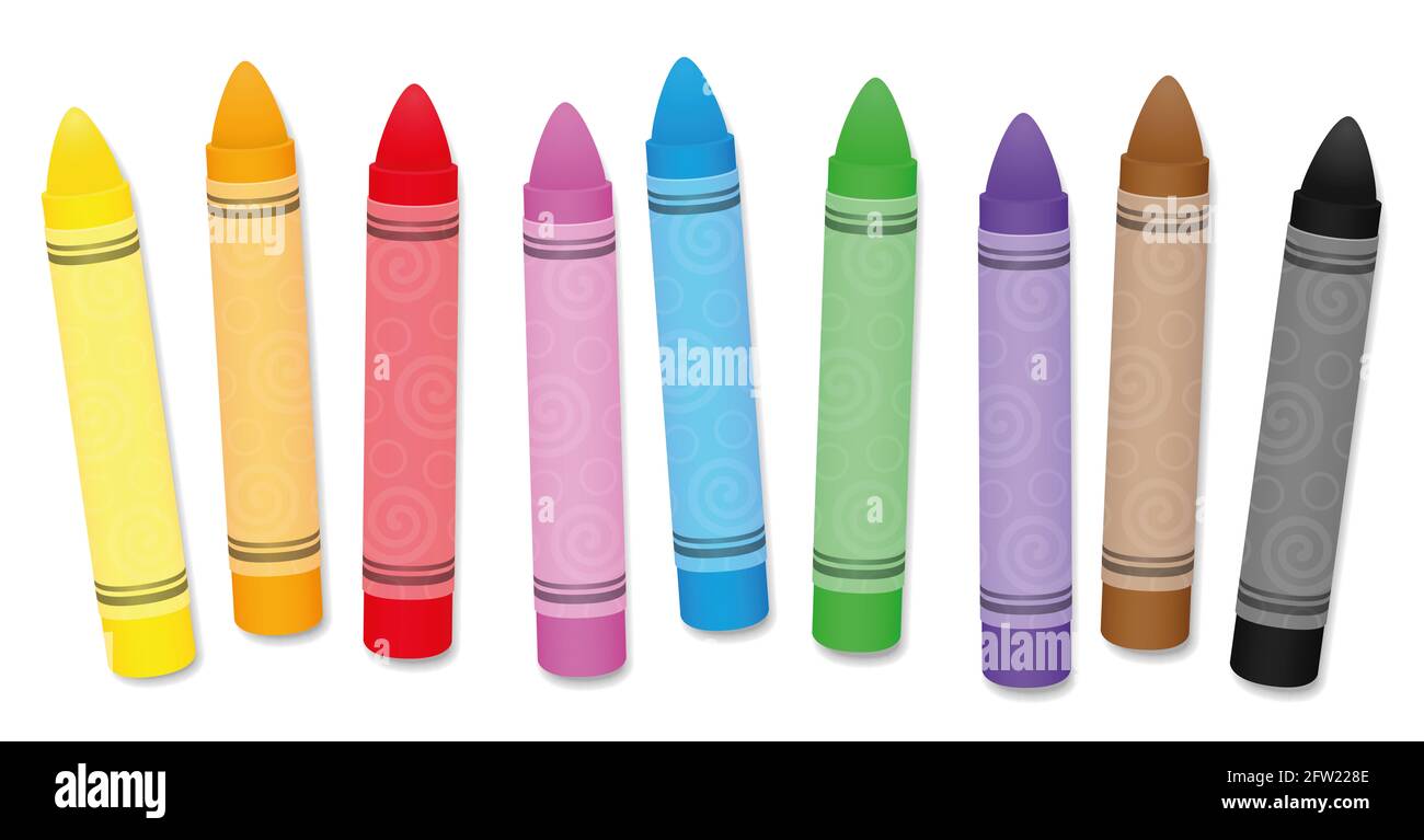 Crayons pastel à l'huile ou pastel à la cire, ensemble coloré - illustration sur fond blanc. Banque D'Images