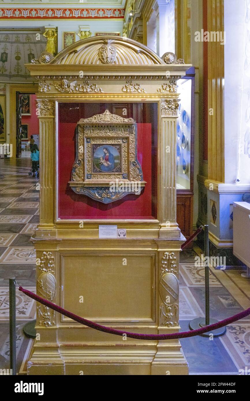 Madonna Conestabile, peinture de Raphaël, exposition derrière le verre au musée de l'Hermitage, Saint-Pétersbourg, Russie Banque D'Images