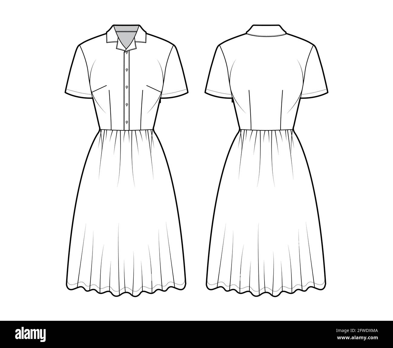 Robe maison chemise technique mode illustration avec manches courtes, longueur genou jupe complète, col boutonné classique. Vêtements plats à l'avant, à l'arrière, de couleur blanche. Femmes, hommes unisex CAD maquette Illustration de Vecteur