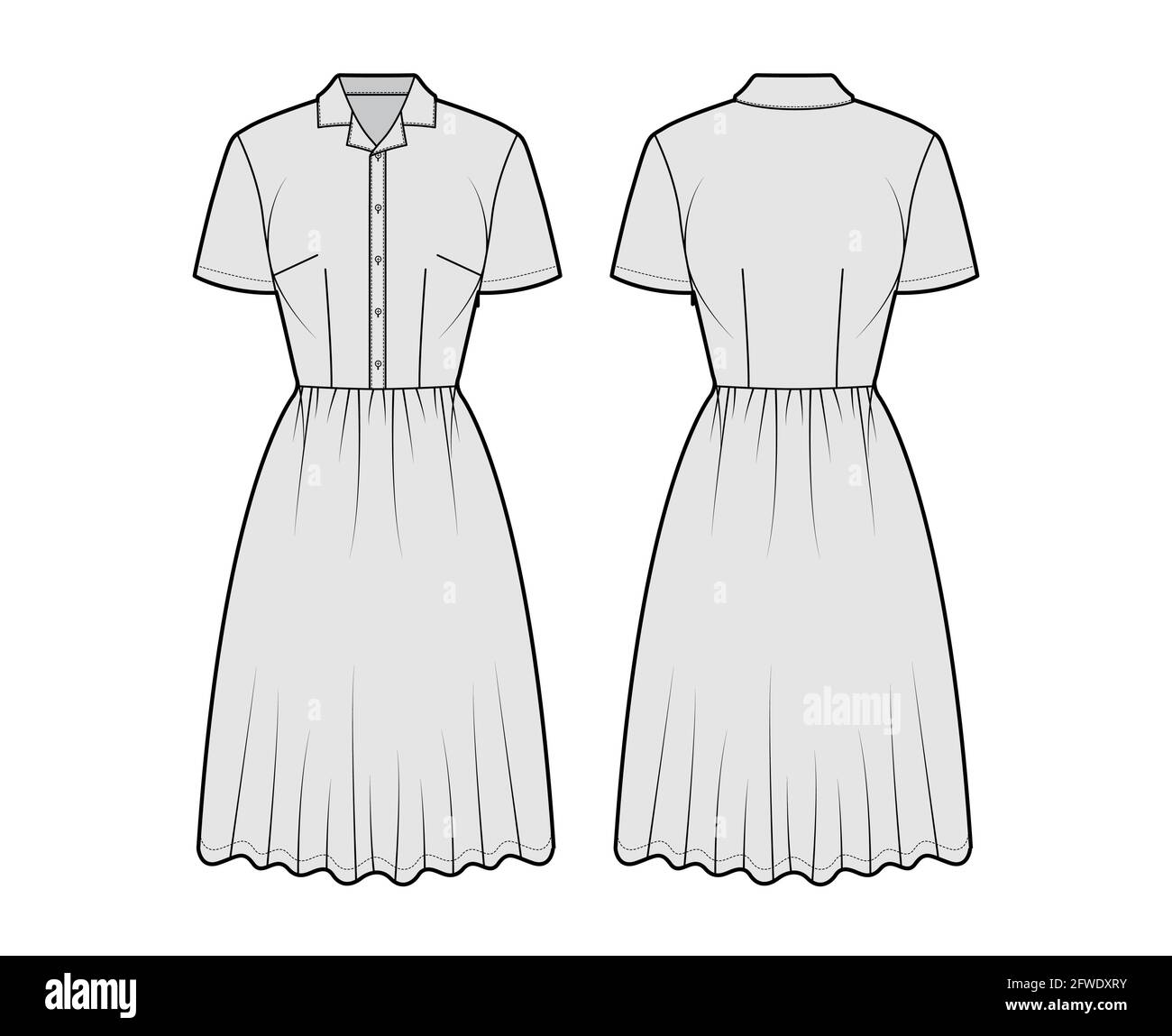 Robe maison chemise technique mode illustration avec manches courtes, longueur genou jupe complète, col boutonné classique. Vêtements plats à l'avant et à l'arrière, de couleur grise. Femmes, hommes unisex CAD maquette Illustration de Vecteur