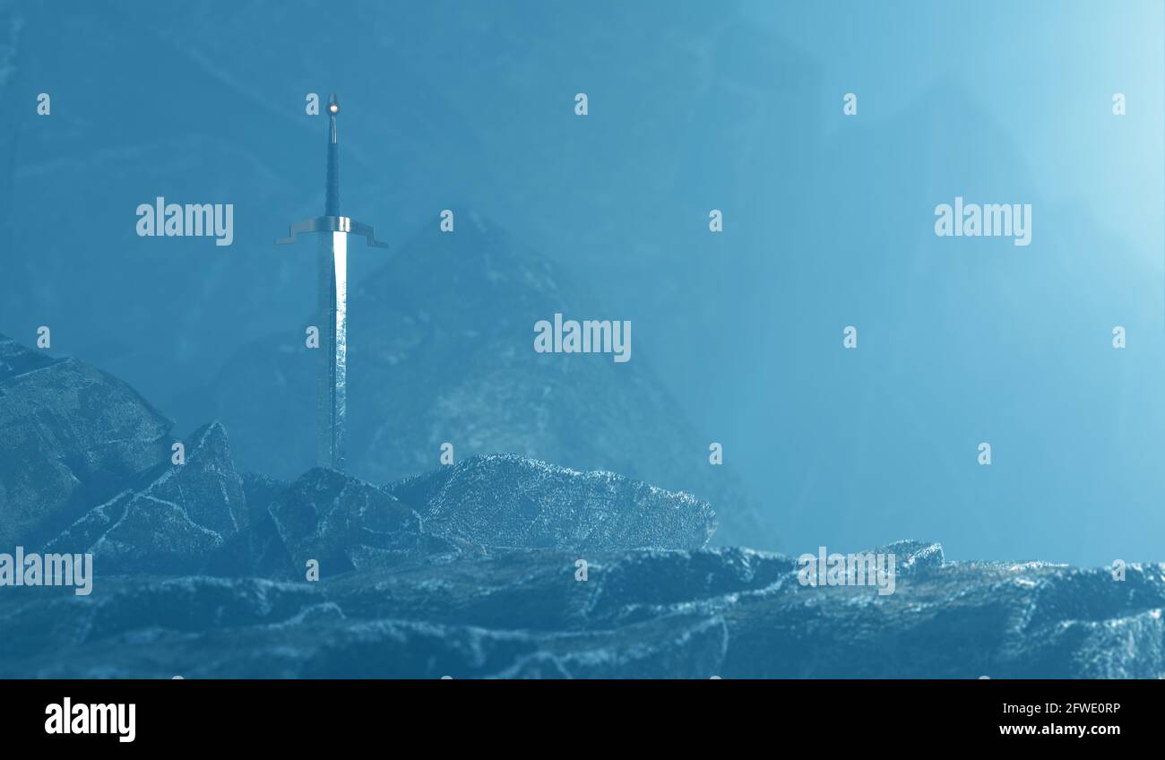 rendu 3d d'une épée dans la pierre avec un arrière-plan surréaliste. Banque D'Images