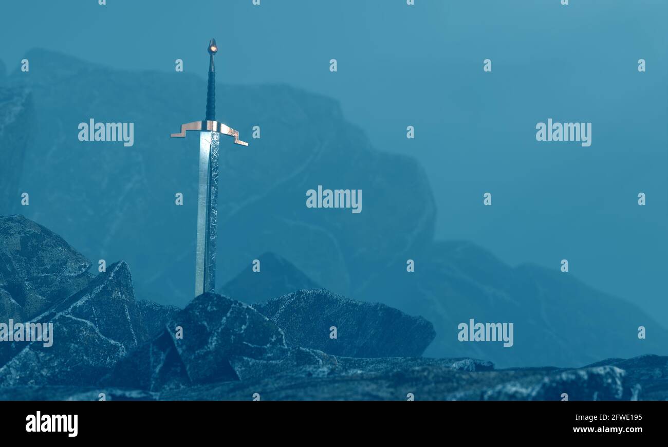 rendu 3d d'une épée dans la pierre avec un arrière-plan surréaliste. Banque D'Images