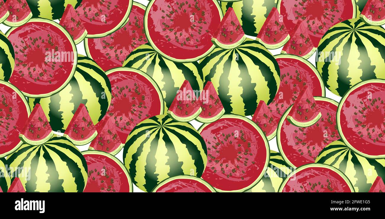 Motif pastèque sans couture, tranches de pastèque juteuses dessinées à la main et pastèques sur blanc. Journée nationale de la pastèque. Idéal pour la conception de tissus, d'emballages Illustration de Vecteur