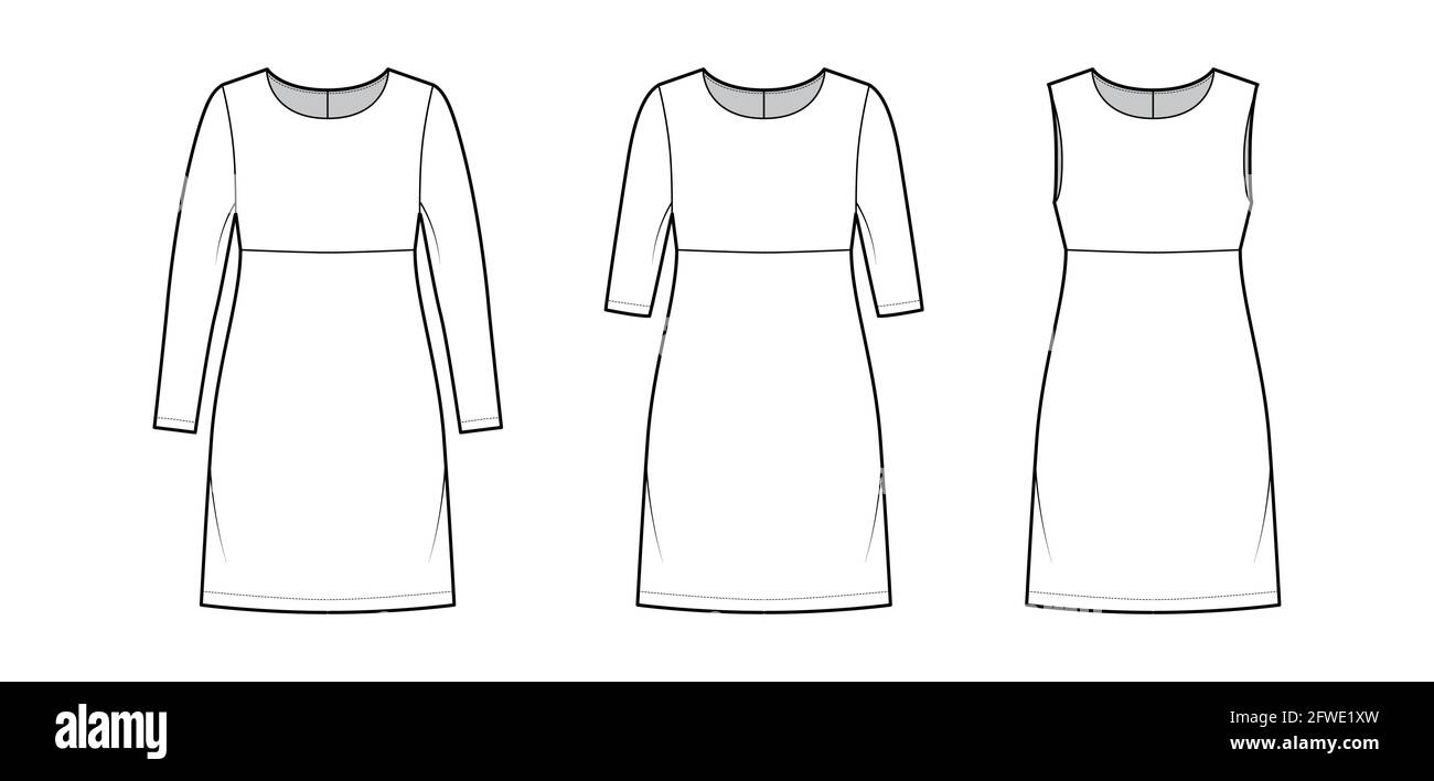 Ensemble de robes Empire Line illustration technique de la mode avec manches longues coude sans manches, corps large, longueur genou JUPE A-line. Vêtements plats sur le devant, coloris blanc. Femmes, maquette de CAO unisex Illustration de Vecteur