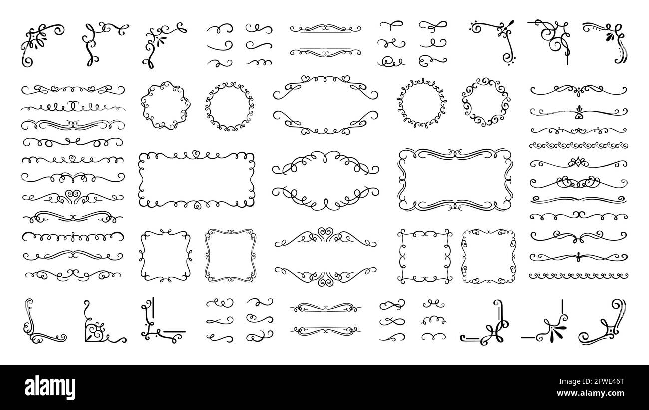 Ornements et cadres en spirale. Bordures, coins, séparateurs et éléments en filigrane vintage. Décoration de ligne de calligraphie pour certificat, ensemble de vecteurs Illustration de Vecteur