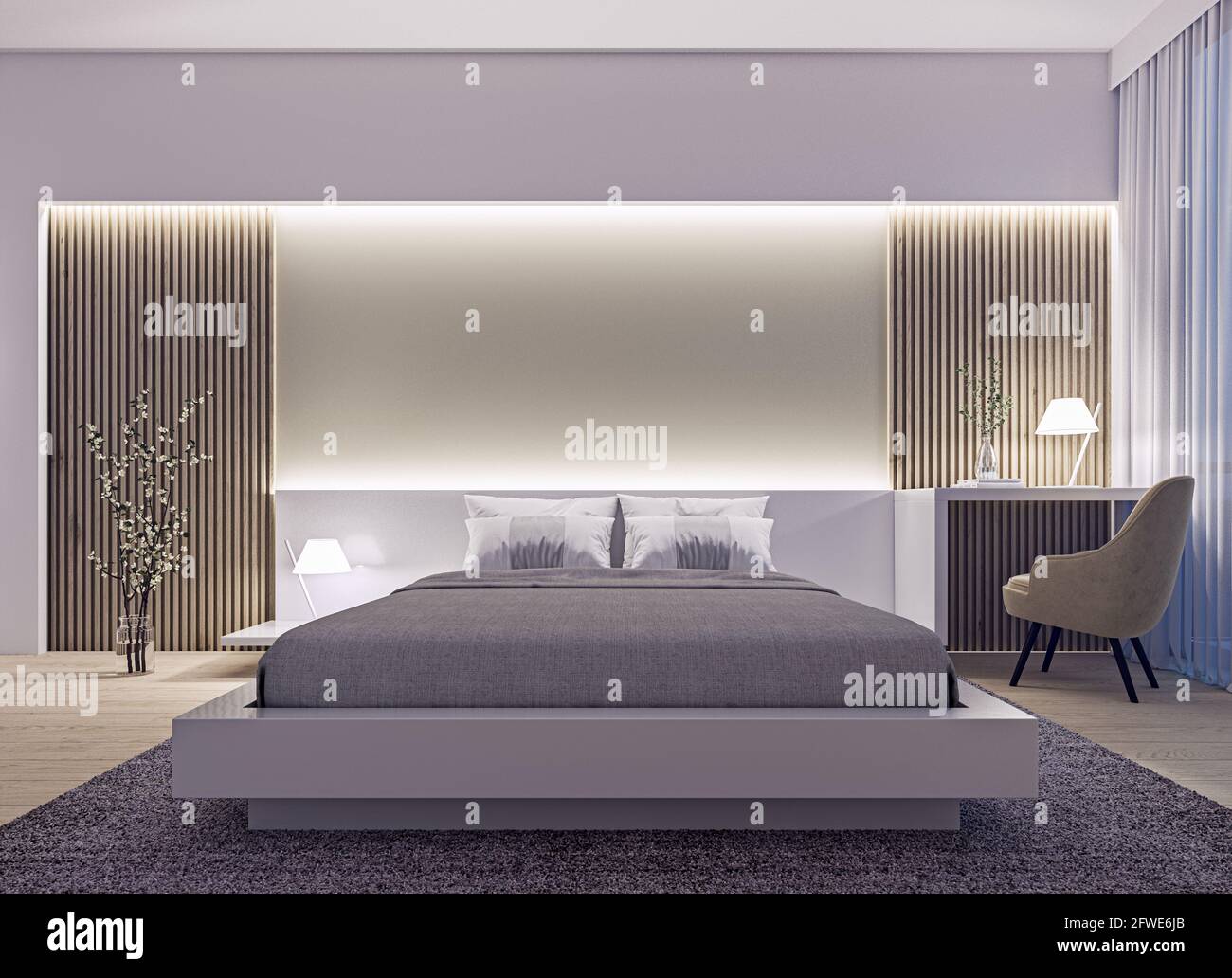Décoration intérieure moderne d'une chambre de luxe spacieuse avec mur en latte de bois et éclairage décoratif la nuit, rendu 3d, illustration 3d Banque D'Images
