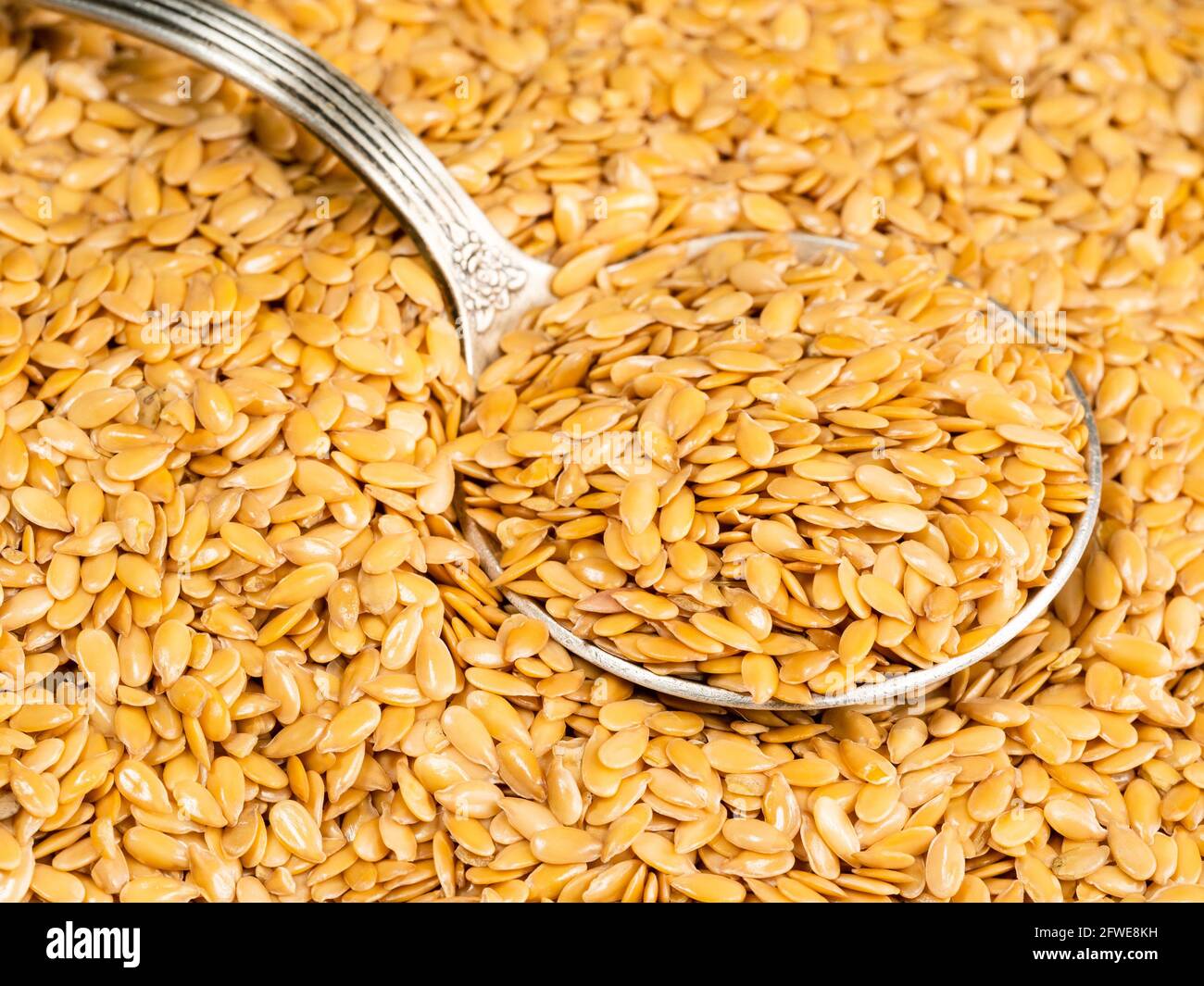 cuillère à soupe d'argent en graines de lin dorées gros plan Banque D'Images