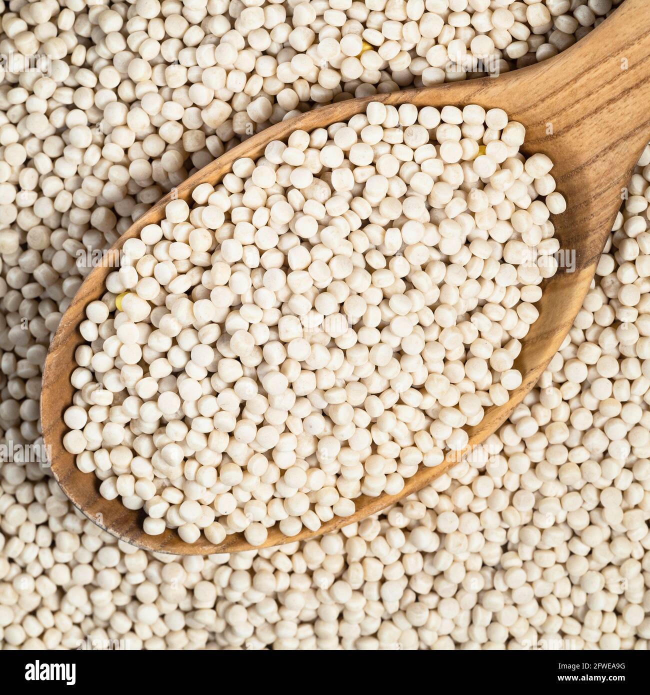 vue de dessus du ptitim non cuit (couscous de perles) dans une cuillère en bois Banque D'Images