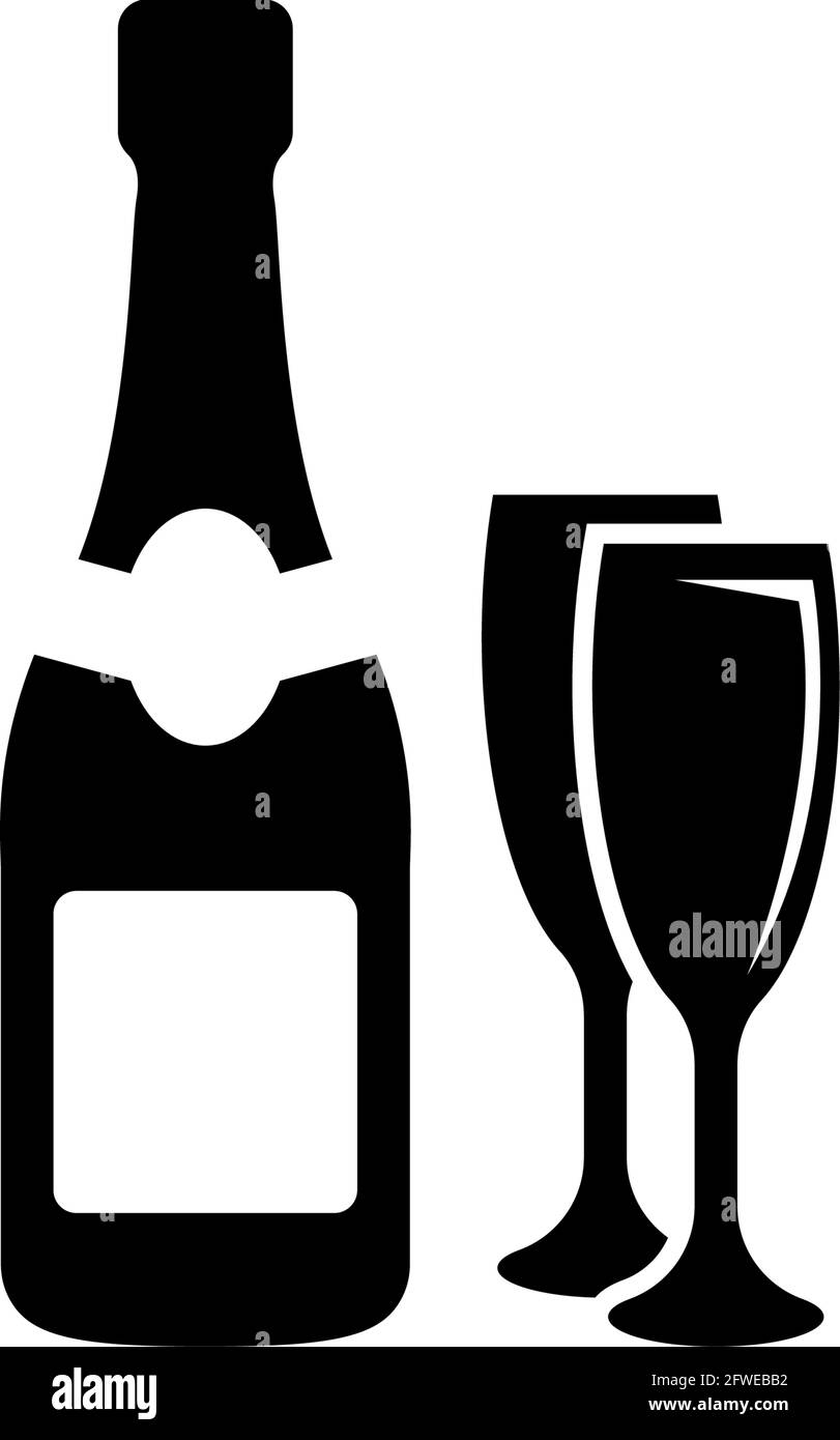 Bouteille de champagne et deux verres. Illustration de l'icône vecteur plat. Symbole noir simple sur fond blanc. Bouteille de champagne et deux verres Illustration de Vecteur