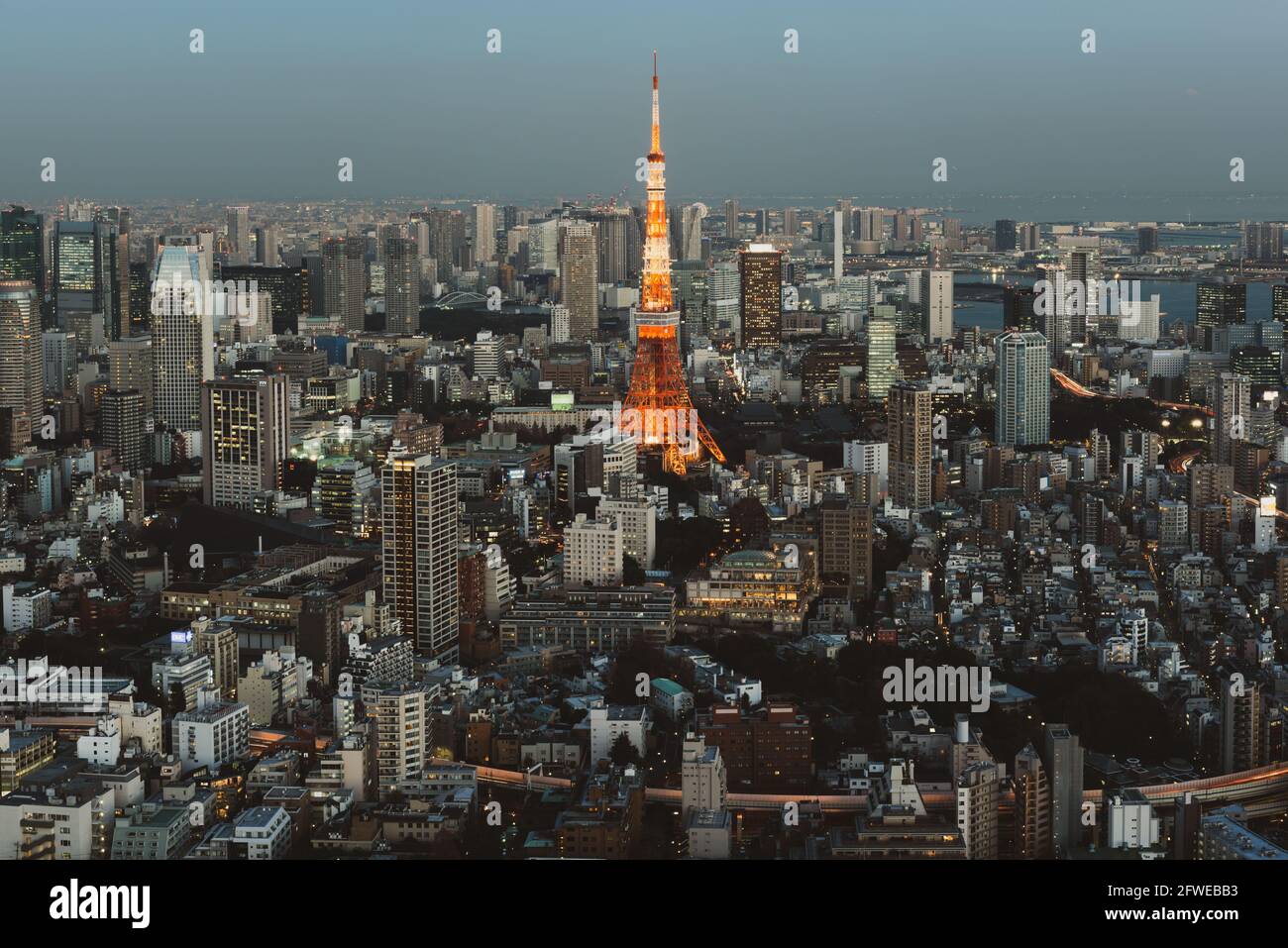 Tokyo, Japon - 14 janvier 2016 : vue sur les gratte-ciel de Tokyo au coucher du soleil avec la Tour de Tokyo. Tokyo est à la fois la capitale et la plus grande ville du Japon. Banque D'Images