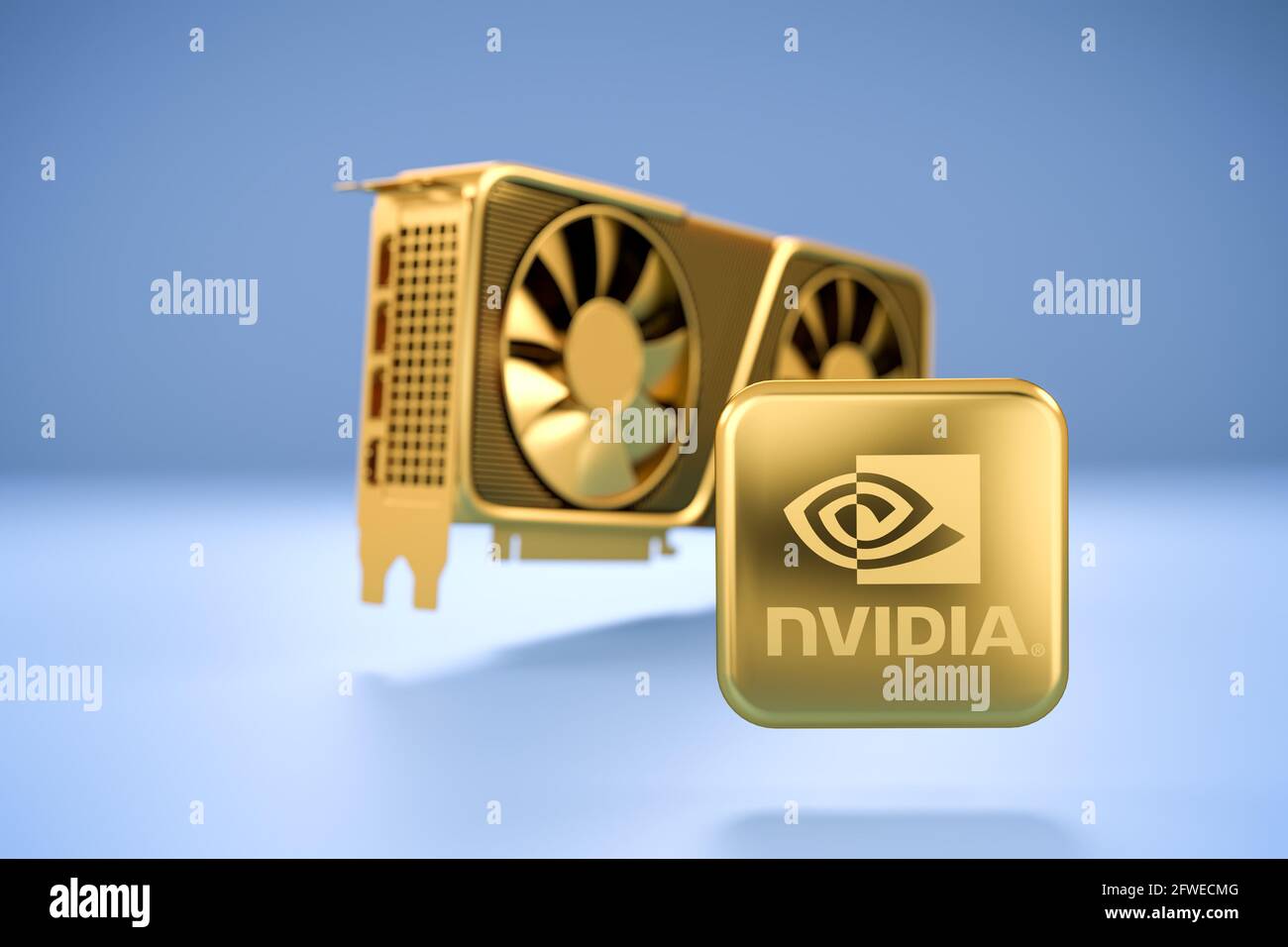 Logo doré de la société de cartes graphiques nvidia devant une carte graphique dorée en arrière-plan flou. Concept pour l'indisponibilité et haute Banque D'Images