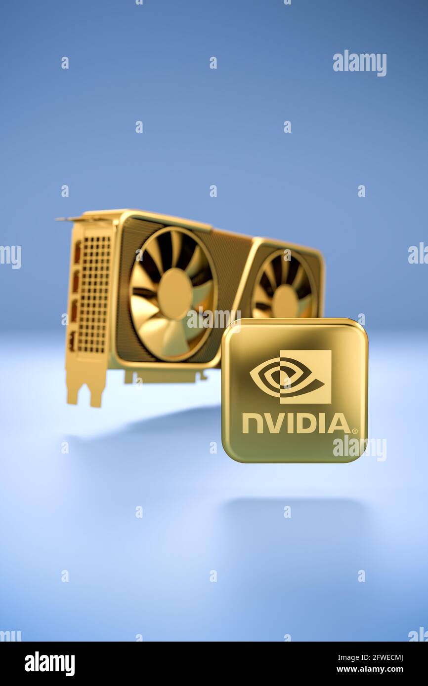Logo doré de la société de cartes graphiques nvidia devant une carte graphique dorée en arrière-plan flou. Concept pour l'indisponibilité et haute Banque D'Images