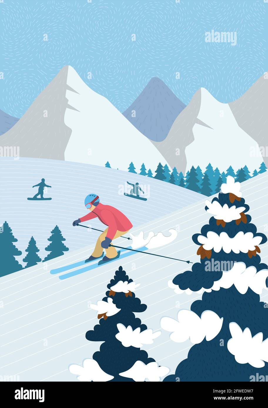 En hiver, vous pouvez pratiquer des activités récréatives dans les montagnes alpines.Ski de descente ski sur une pente enneigée.Les athlètes surfeurs des neiges font du snowboard.Sports de plein air dans la station de ski scénario bannière Illustration de Vecteur