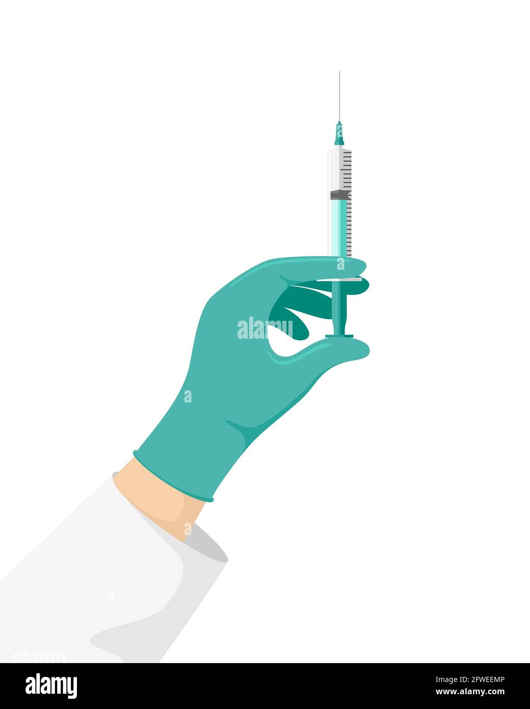 La main du médecin dans l'uniforme hospitalier et le gant vert tiennent la seringue de vaccin d'infection à coronavirus isolée.Vaccin contre la maladie de COVID-19.Médicament médical de protection 2019-ncov.Campagne de vaccination humaine Illustration de Vecteur