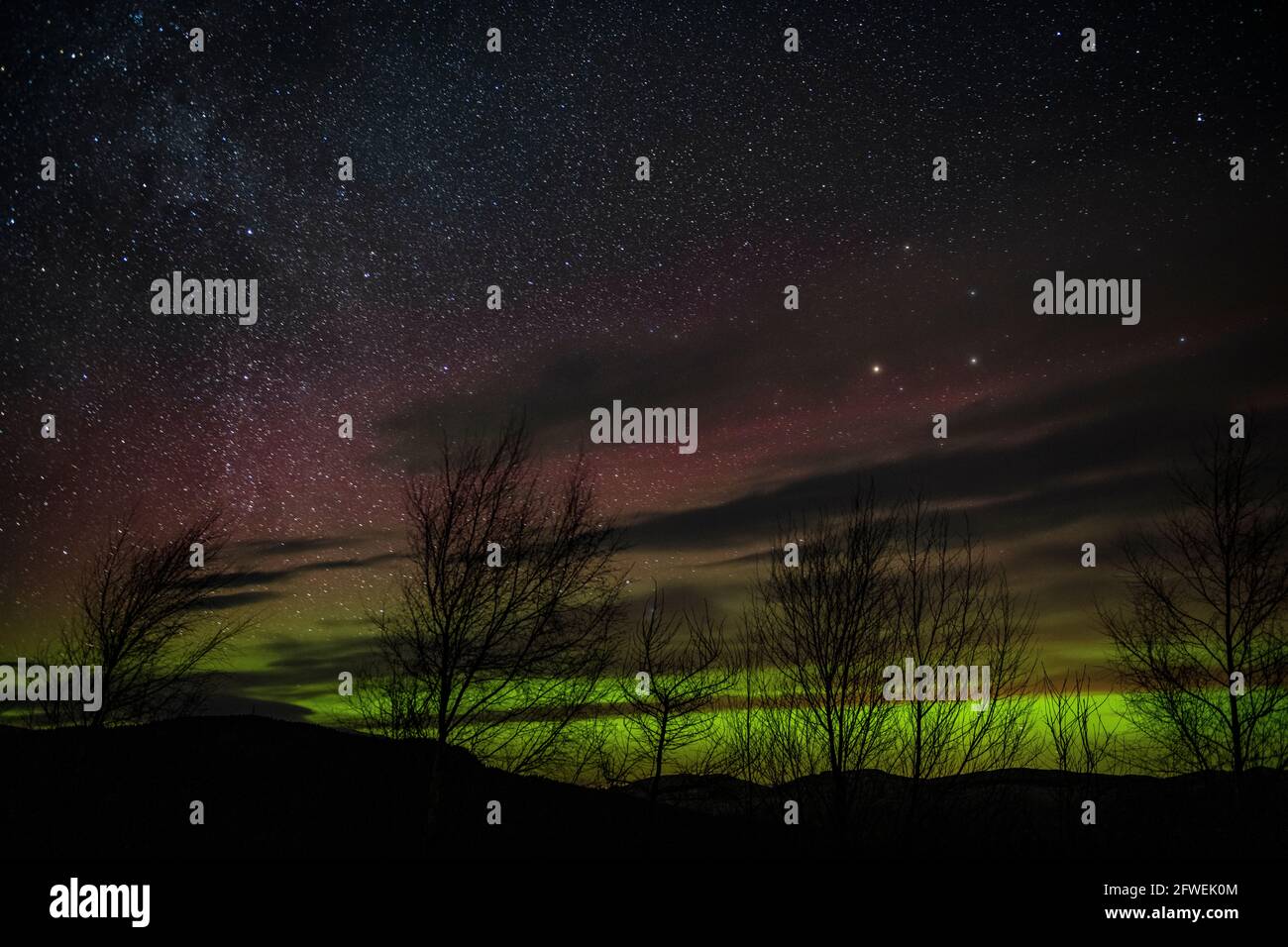 Les aurores boréales et le ciel nocturne par un soir d'hiver clair, Highland Perthshire, Écosse, Banque D'Images