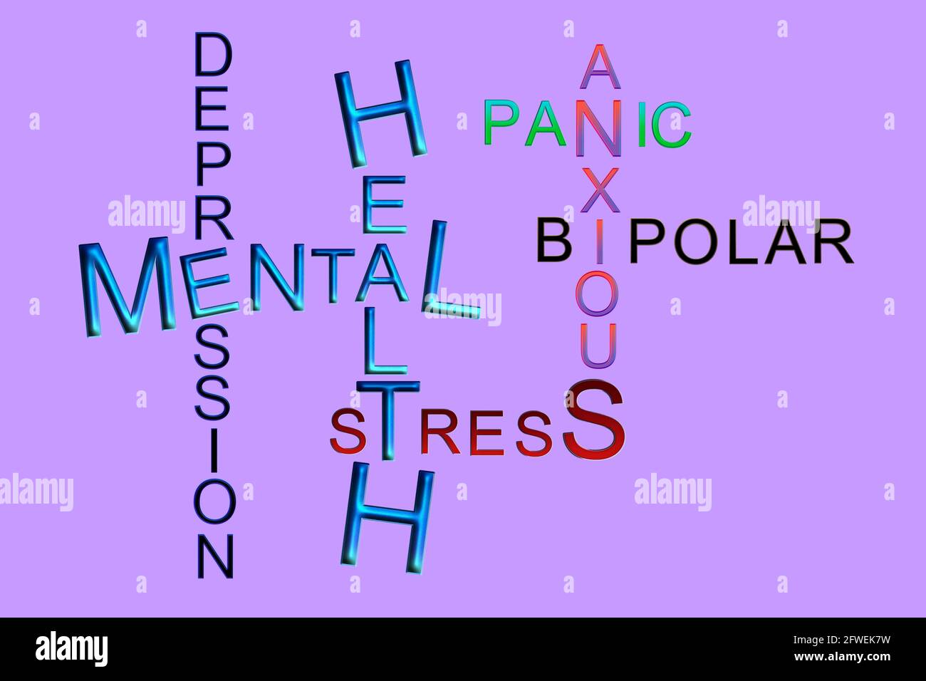 Santé mentale, dépression, stress, panique, anxieux, Illustration 3D conceptuelle du puzzle bipolaire à mots croisés Banque D'Images