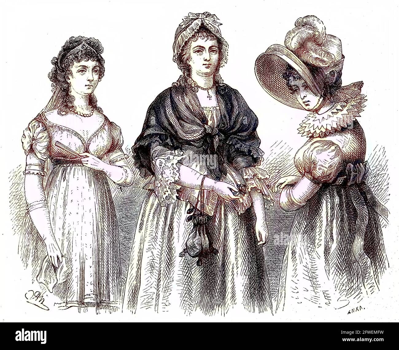 Costumes de femmes allemandes au moment de la révolution, du Werther et du congrès de Vienne / deutsche Frauenkostüme zur Zeit der Revolution, zur Zeit von Werther und zur Zeit des Wiener Kongresses, historisch, historique, Digital reproduction améliorée d'un original du 19ème siècle / digitale Reproduktion einer Originalvorlage aus dem 19. Jahrhundert, Originaldatum nicht bekannt, koloriert, handcoloriert, Koloration Banque D'Images