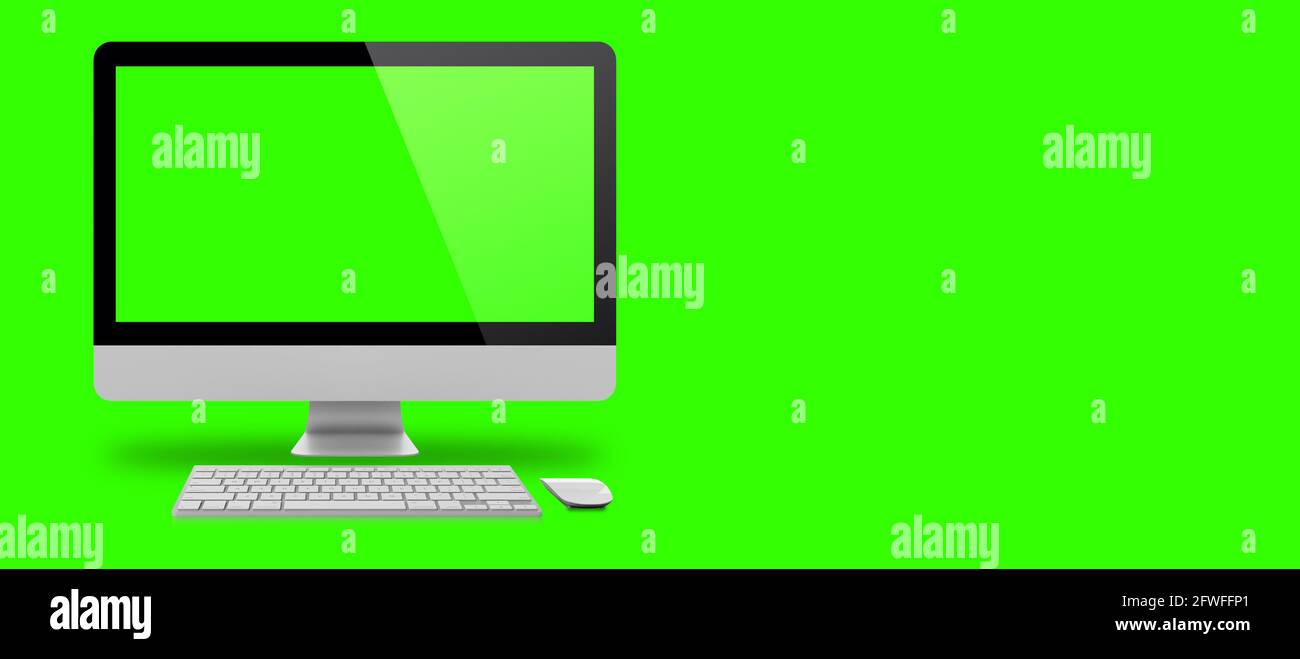 Image maquette d'un pc de bureau blanc avec écran vert vierge sur fond vert.  Adaptée à votre élément de conception Photo Stock - Alamy